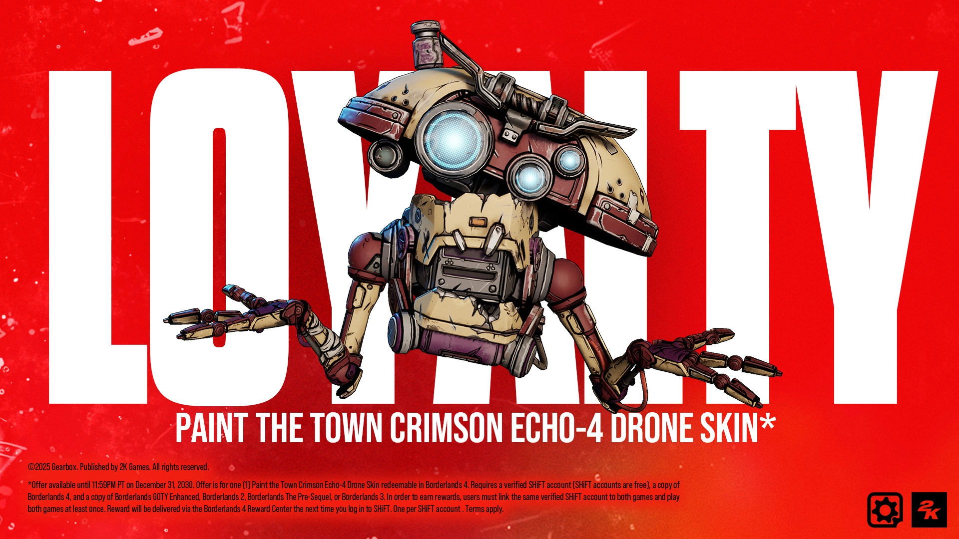 A robotic drone with red and white armor stands against a bold red background with the word "LOYALTY" behind it