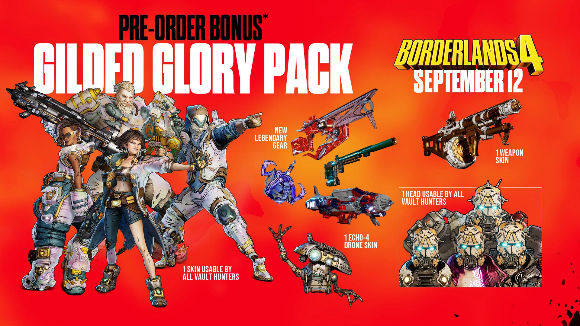 Borderlands 4 Gilded Glory Pack includes Vault Hunters, weapons, ECHO-4 Drone Skin, and Legendary gear