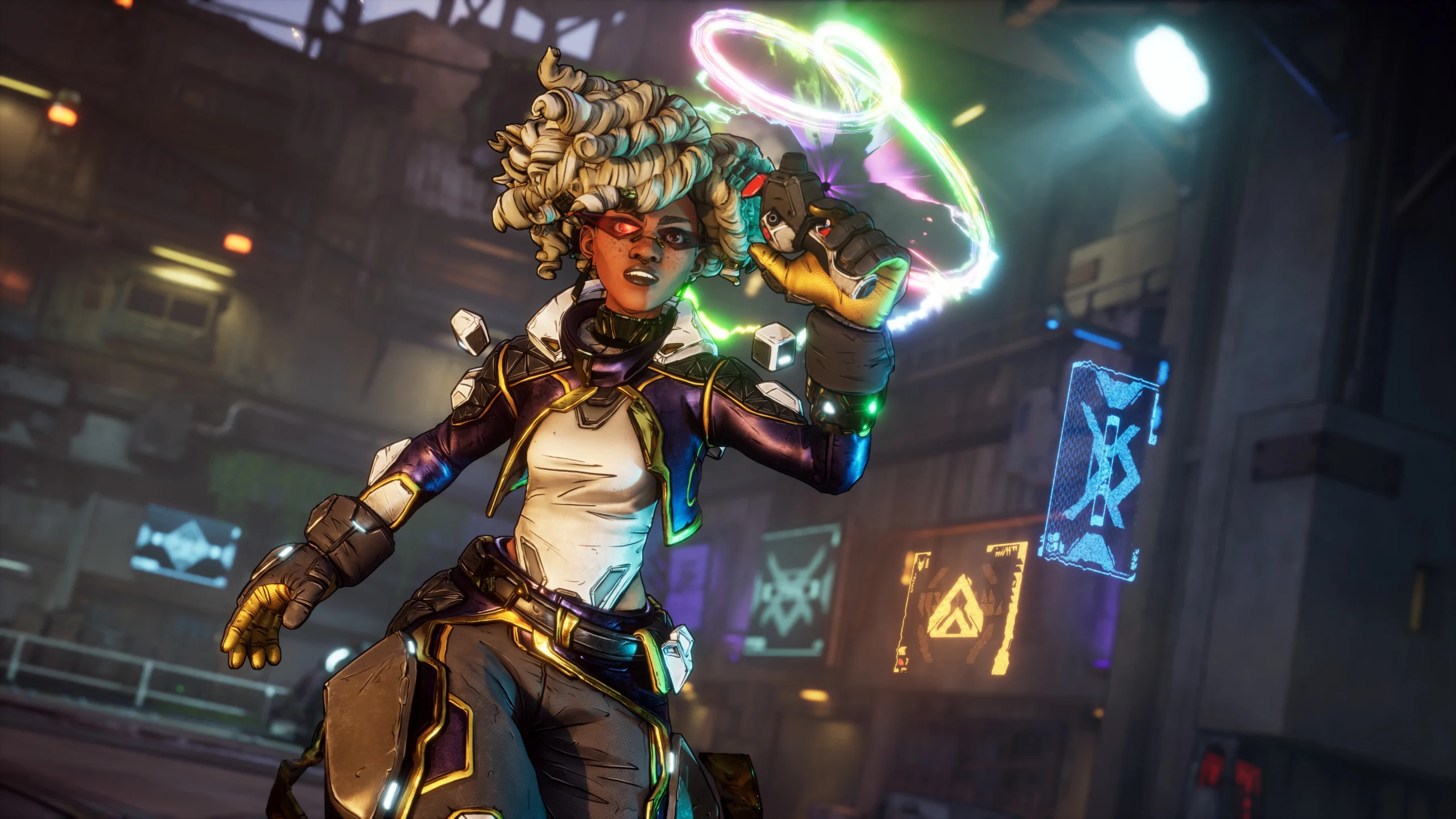 A character in futuristic armor holds a glowing weapon, surrounded by vibrant neon lights in a sci-fi setting