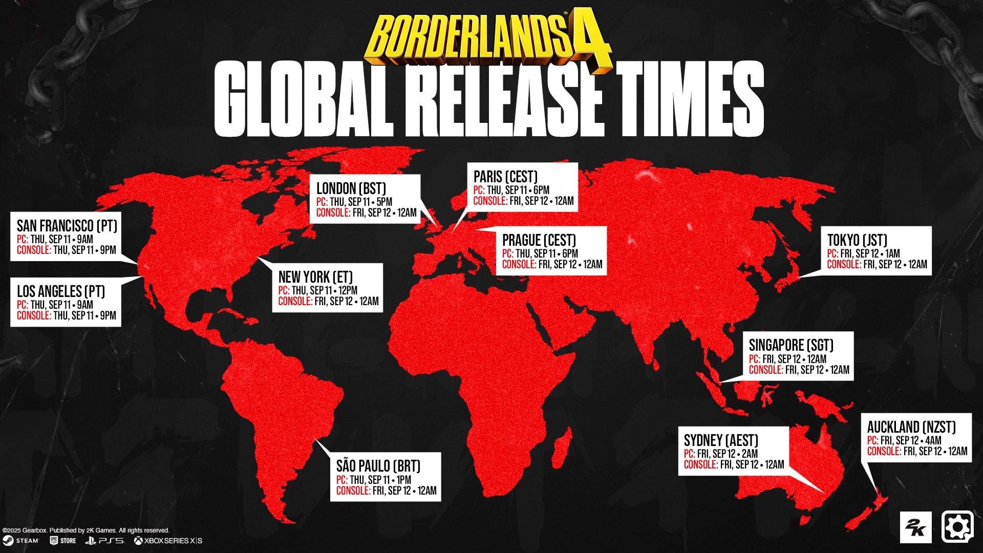World map showing Borderlands 4 global release times for PlayStation 5, Xbox Series X|S, and PC platforms