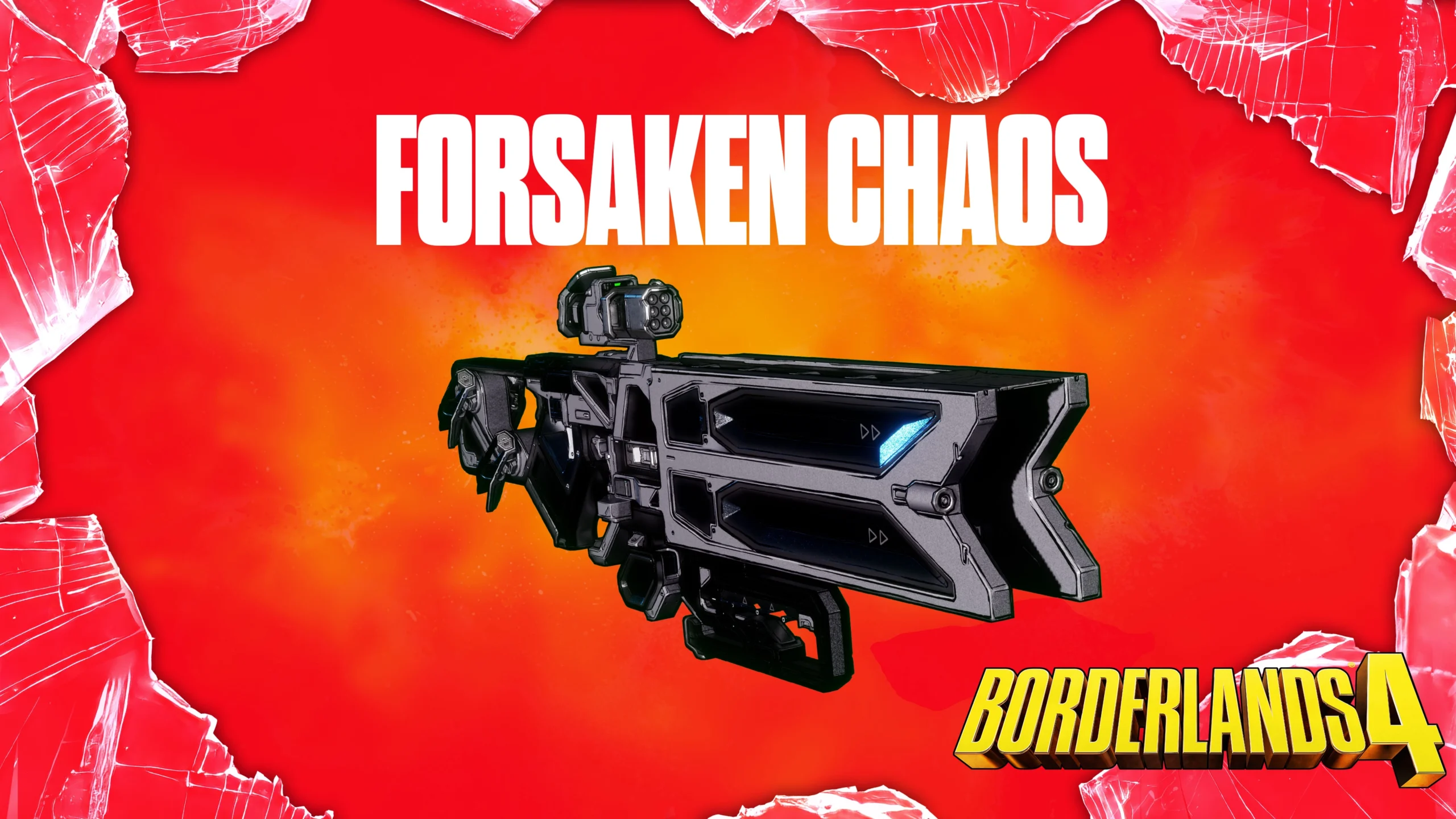 Futuristic weapon with sleek design and scope, set against a vibrant red background with shattered edges