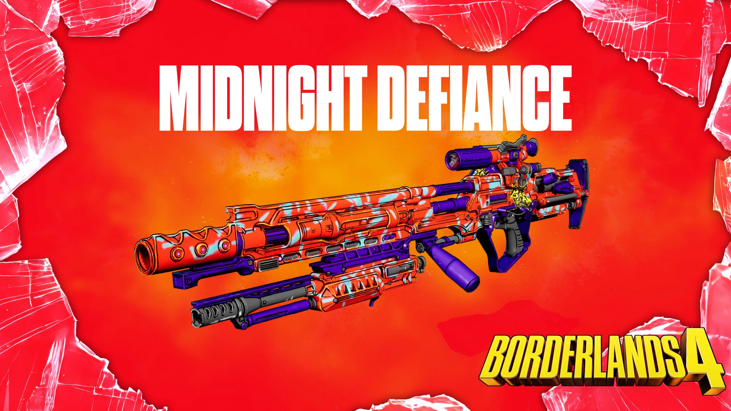 Vibrant red and purple sniper rifle named Midnight Defiance from Borderlands 4 against a fiery background