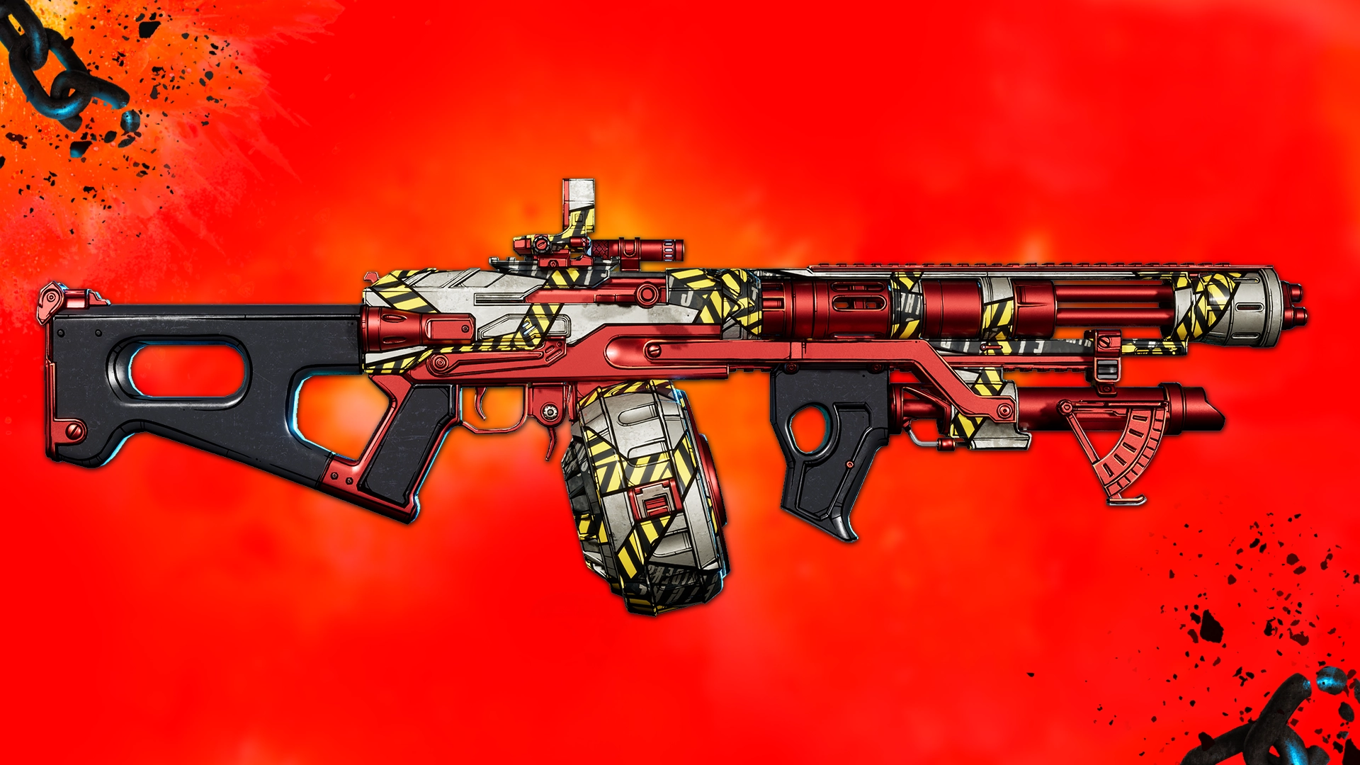 A futuristic, intricately designed weapon from Borderlands 4 against a vibrant red background