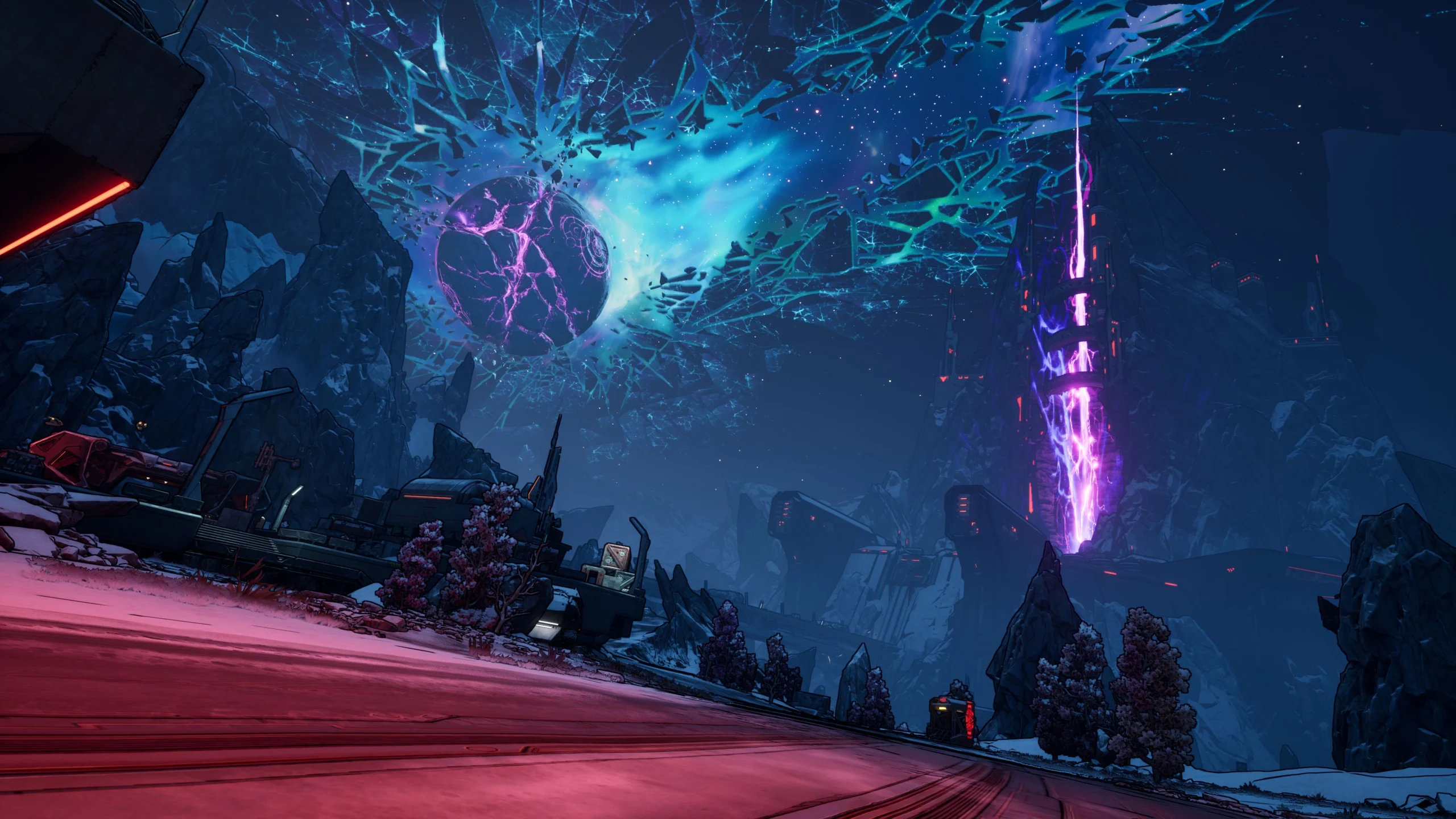 A vibrant alien landscape on Kairos with a shattered moon and glowing structures in Borderlands 4