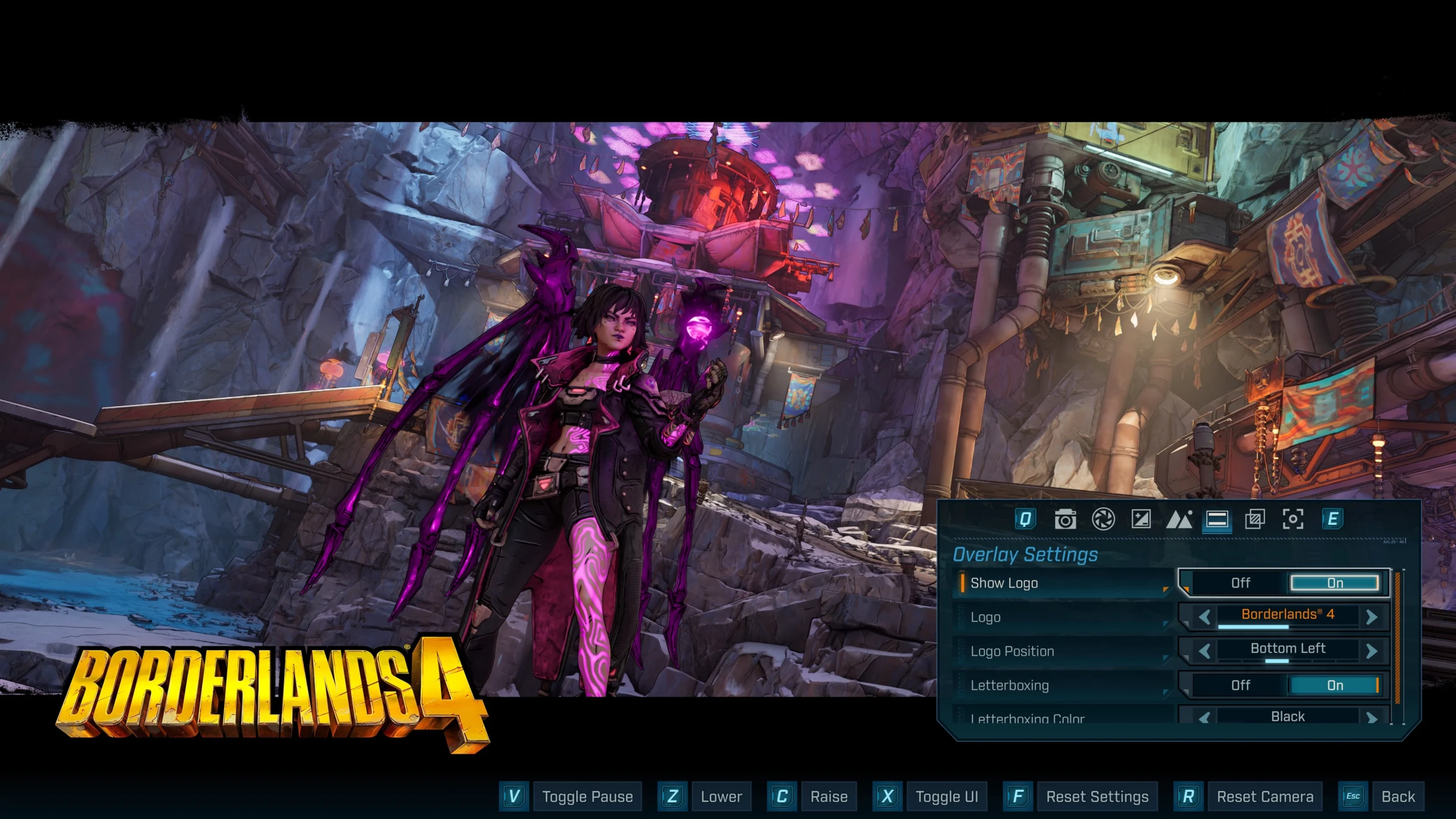 Character in futuristic armor posing in a vibrant, alien landscape with Borderlands 4 Photo Mode UI visible