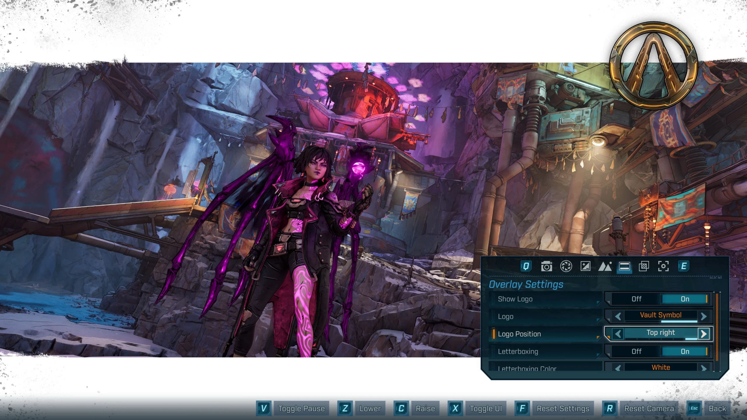 A character in vibrant armor poses in a colorful, rocky landscape; Borderlands 4 Photo Mode UI visible