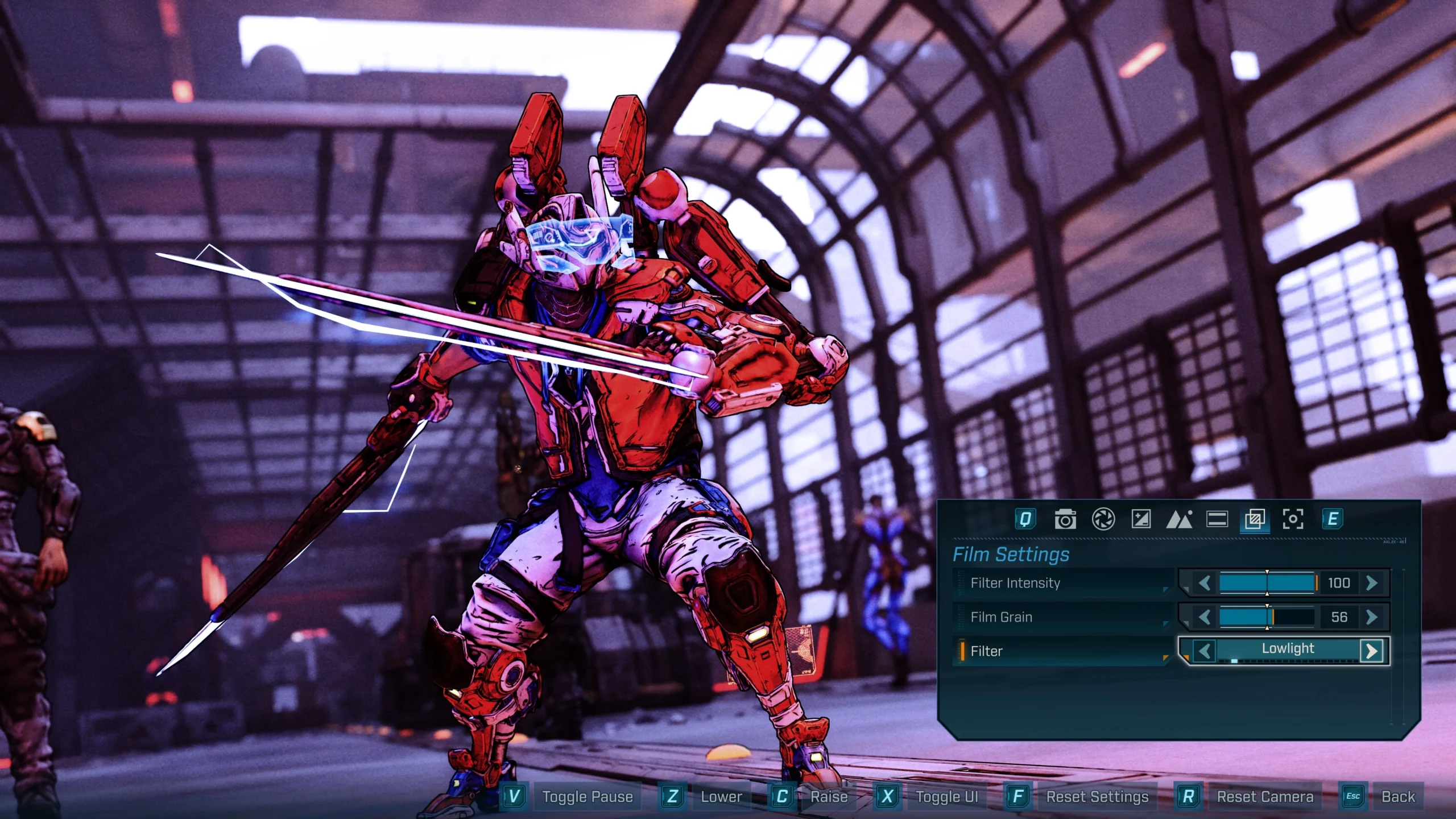 A futuristic warrior in red armor poses with glowing swords in Borderlands 4's Photo Mode interface