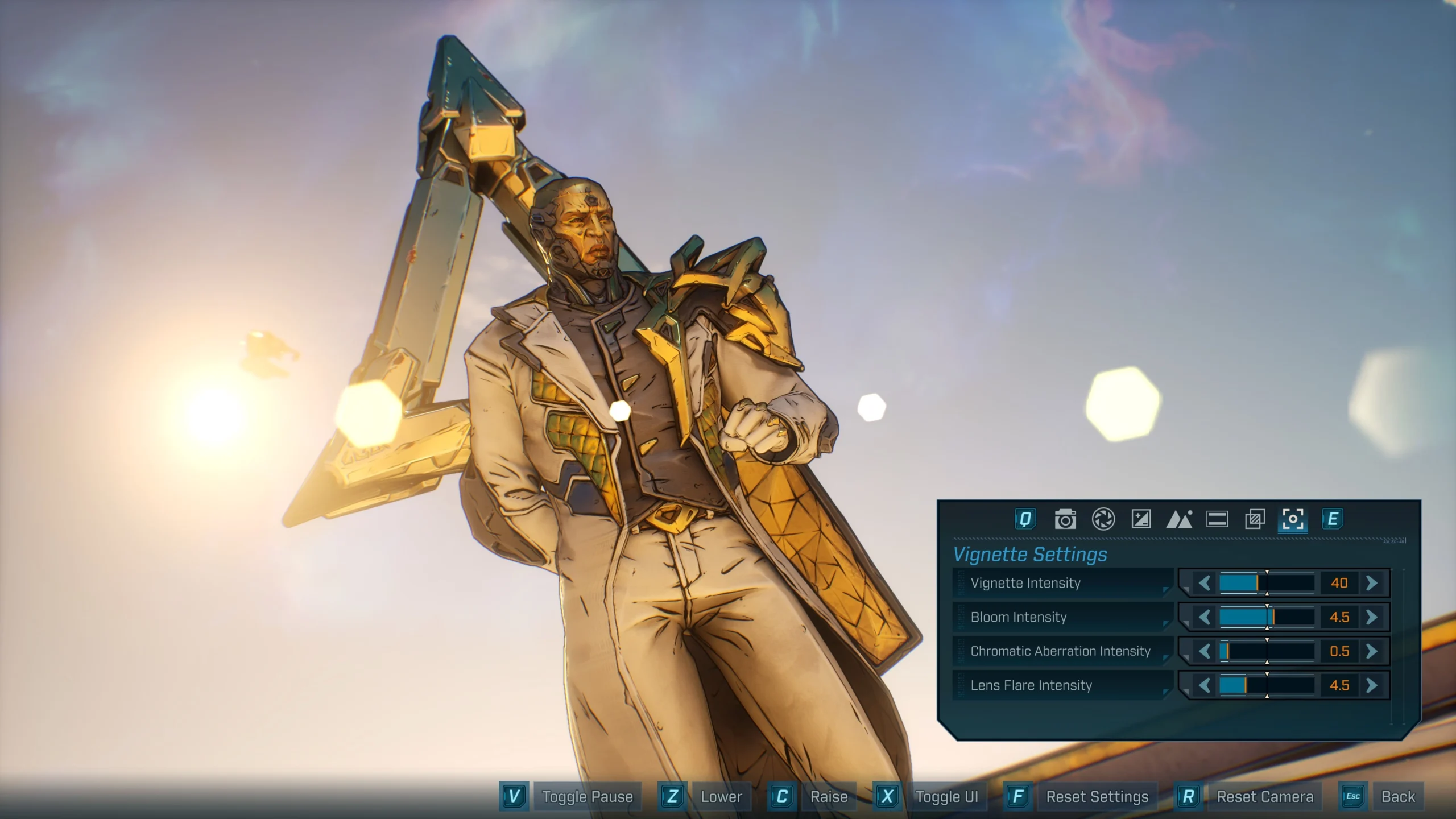 Character posing with a futuristic weapon in Borderlands 4 Photo Mode, with visual settings displayed