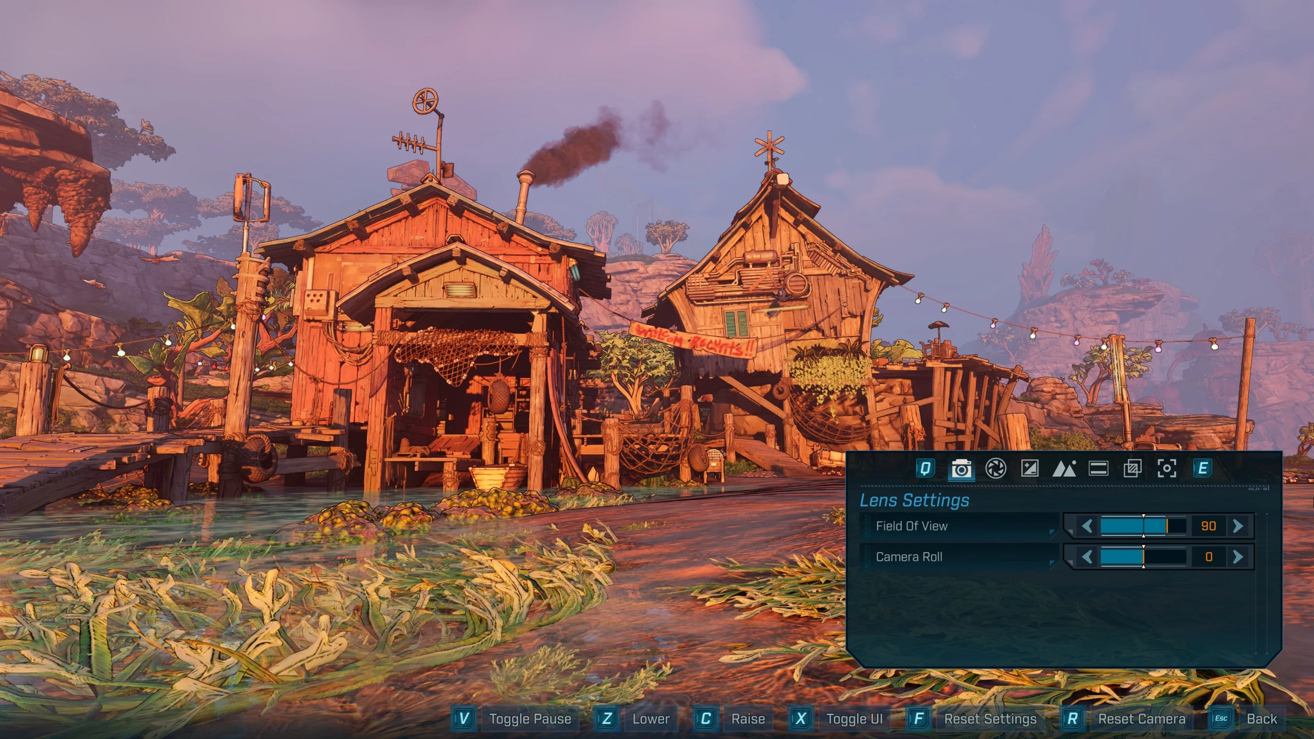 Rustic wooden buildings in a colorful landscape with Borderlands 4 Photo Mode settings displayed