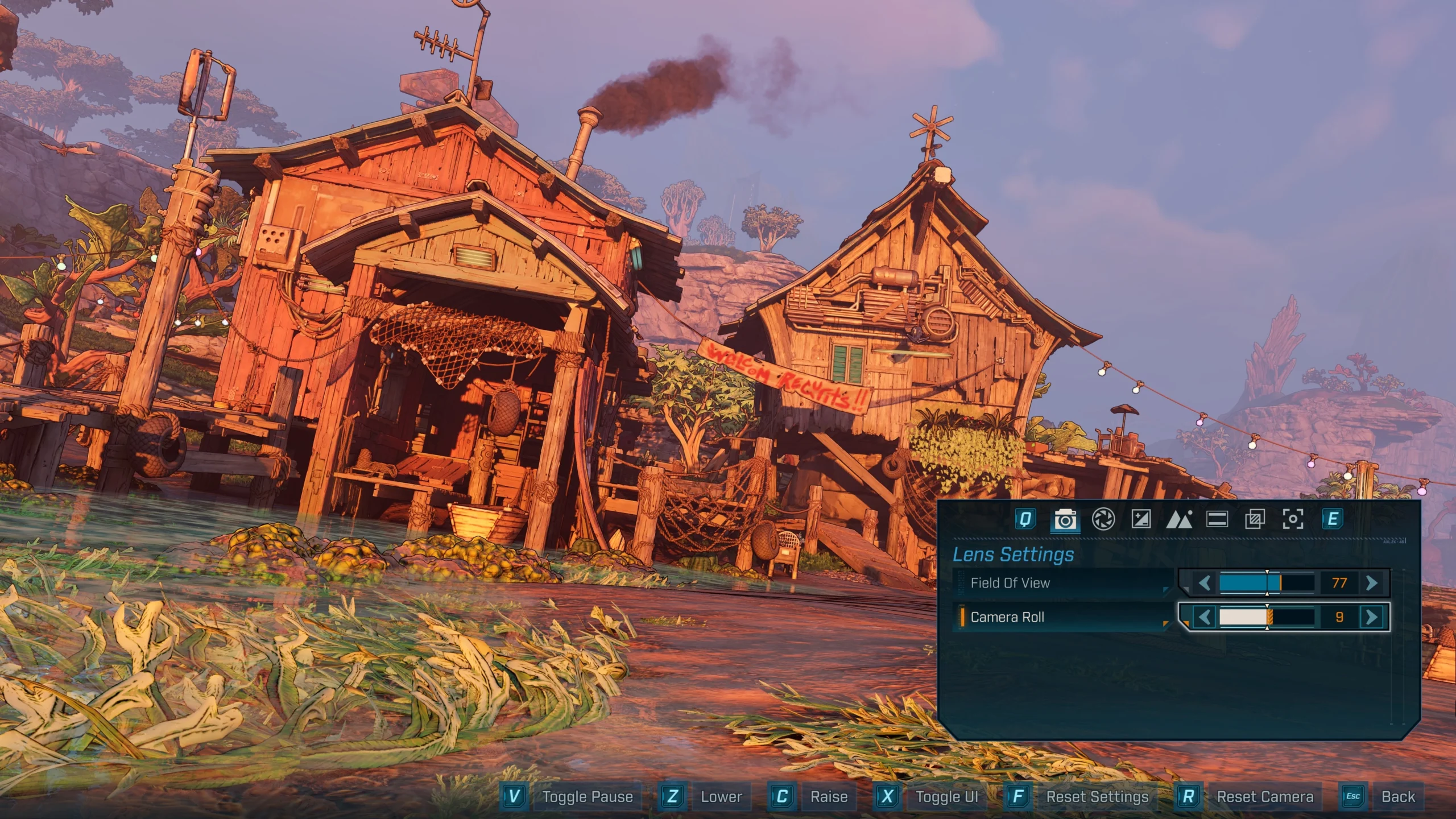 Rustic wooden houses in a scenic Kairos village with Photo Mode settings overlay on the right side