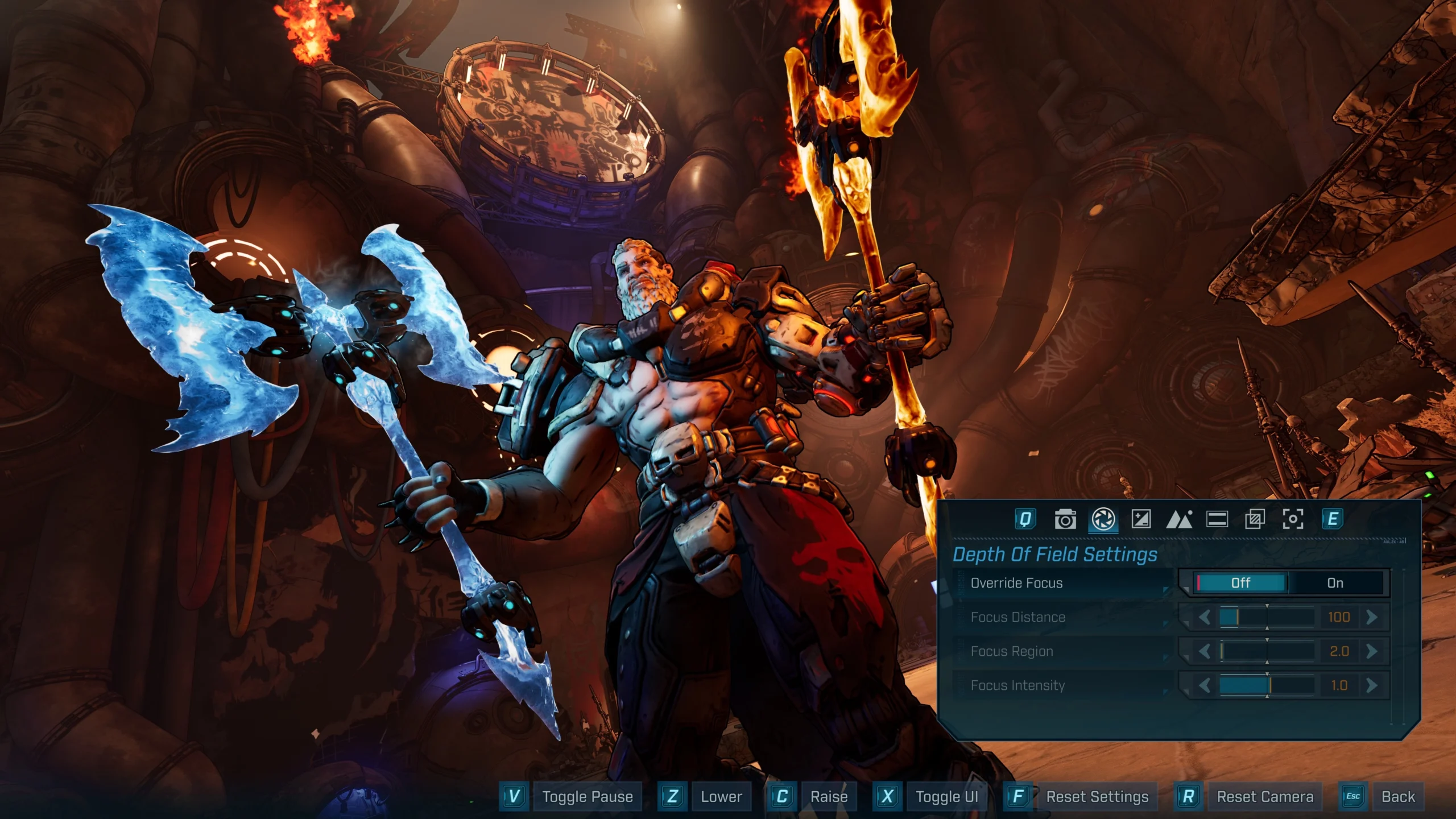 A powerful character wielding fiery and icy weapons in Borderlands 4's Photo Mode with UI settings visible