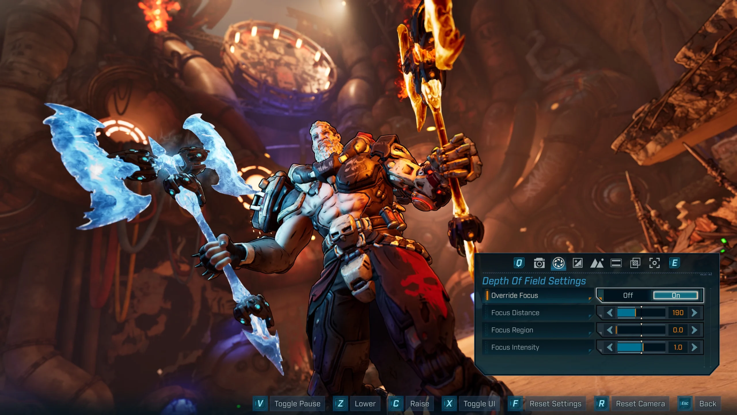 A powerful warrior poses with fiery and icy weapons in Borderlands 4's dynamic Photo Mode settings