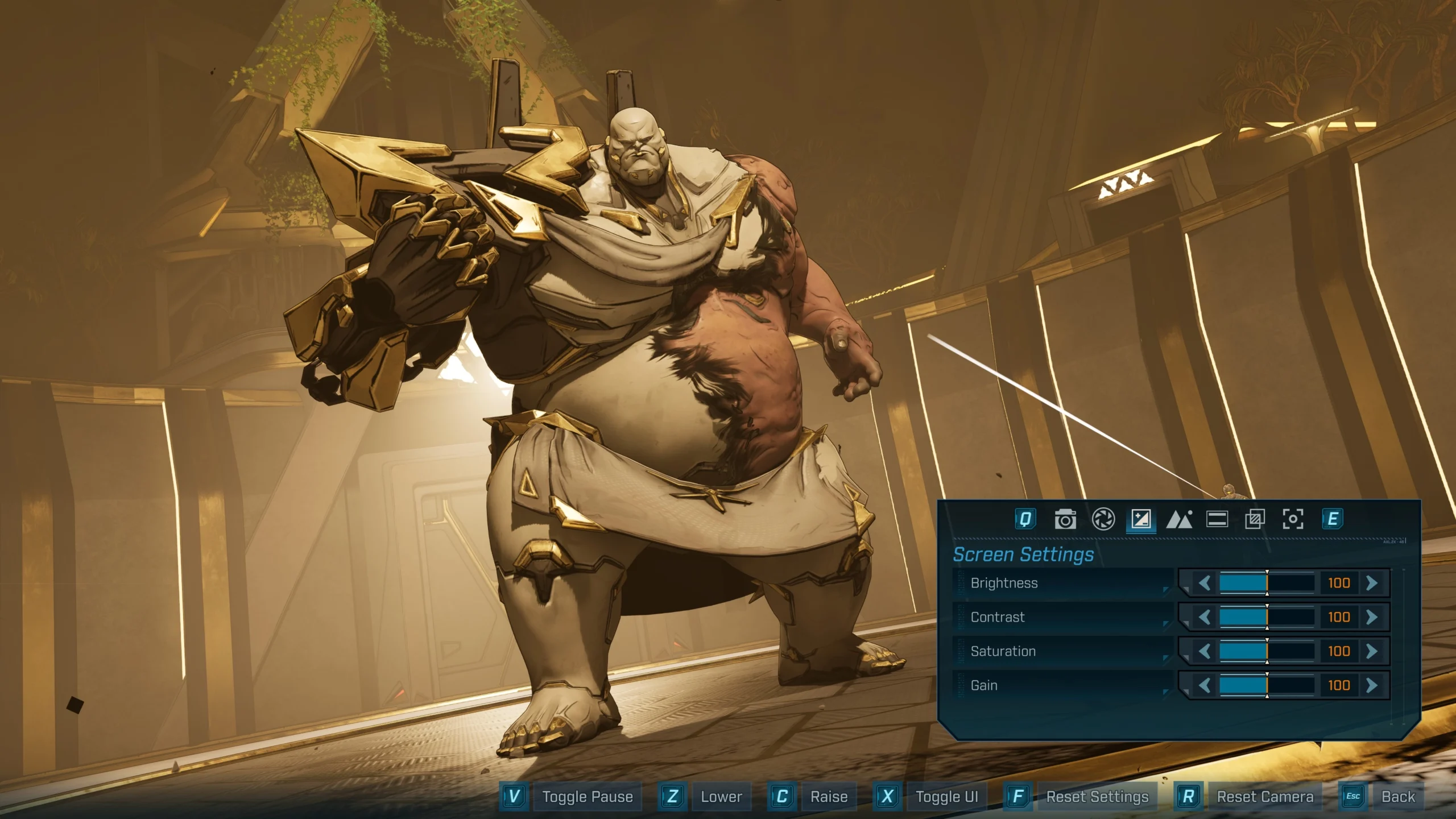 A large armored character poses with a weapon in Borderlands 4's Photo Mode, UI settings visible on screen