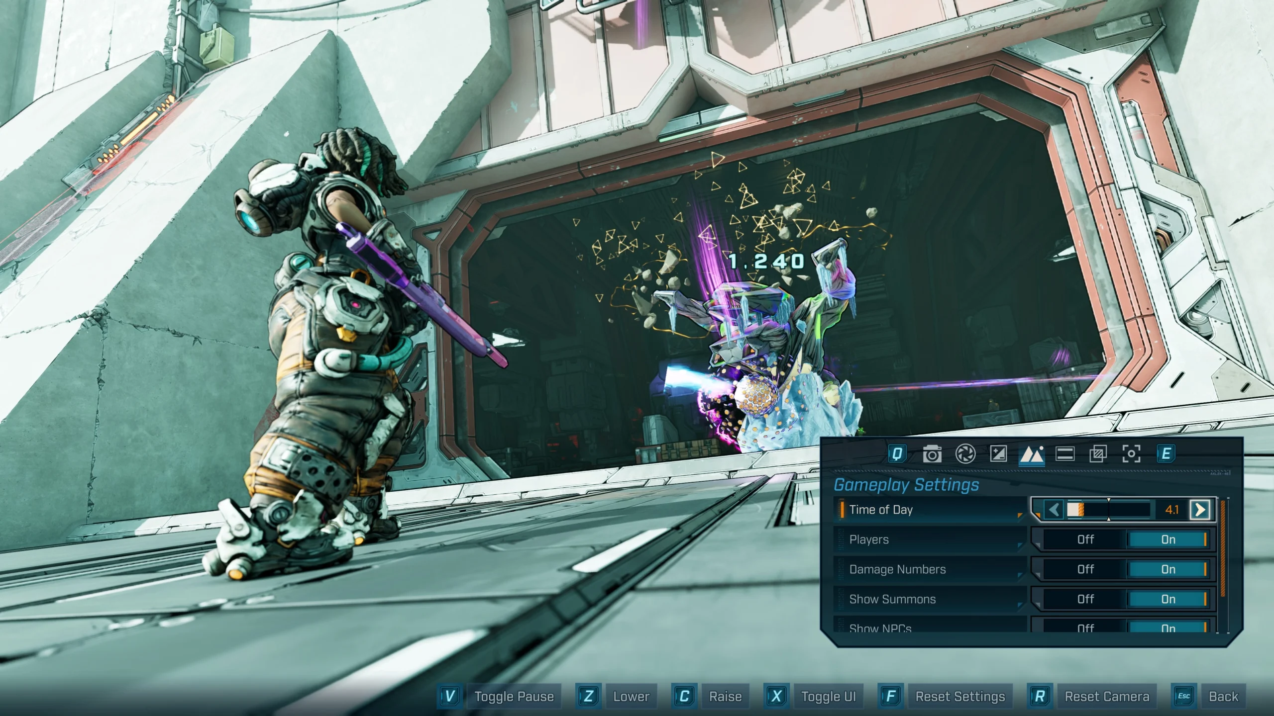 A character in futuristic armor faces a robotic enemy in a sci-fi setting, with Photo Mode UI visible