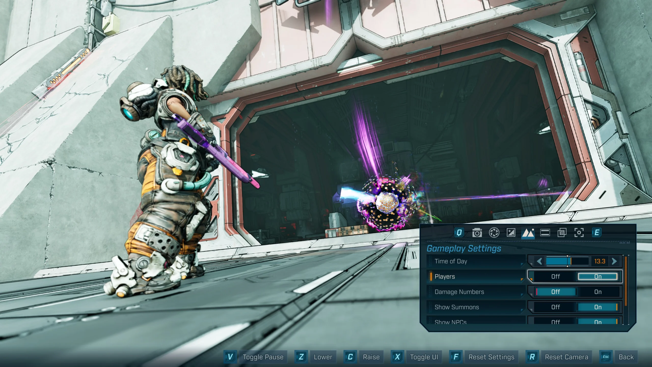 A character in armor aims a glowing weapon at a floating orb inside a futuristic structure, with UI settings visible