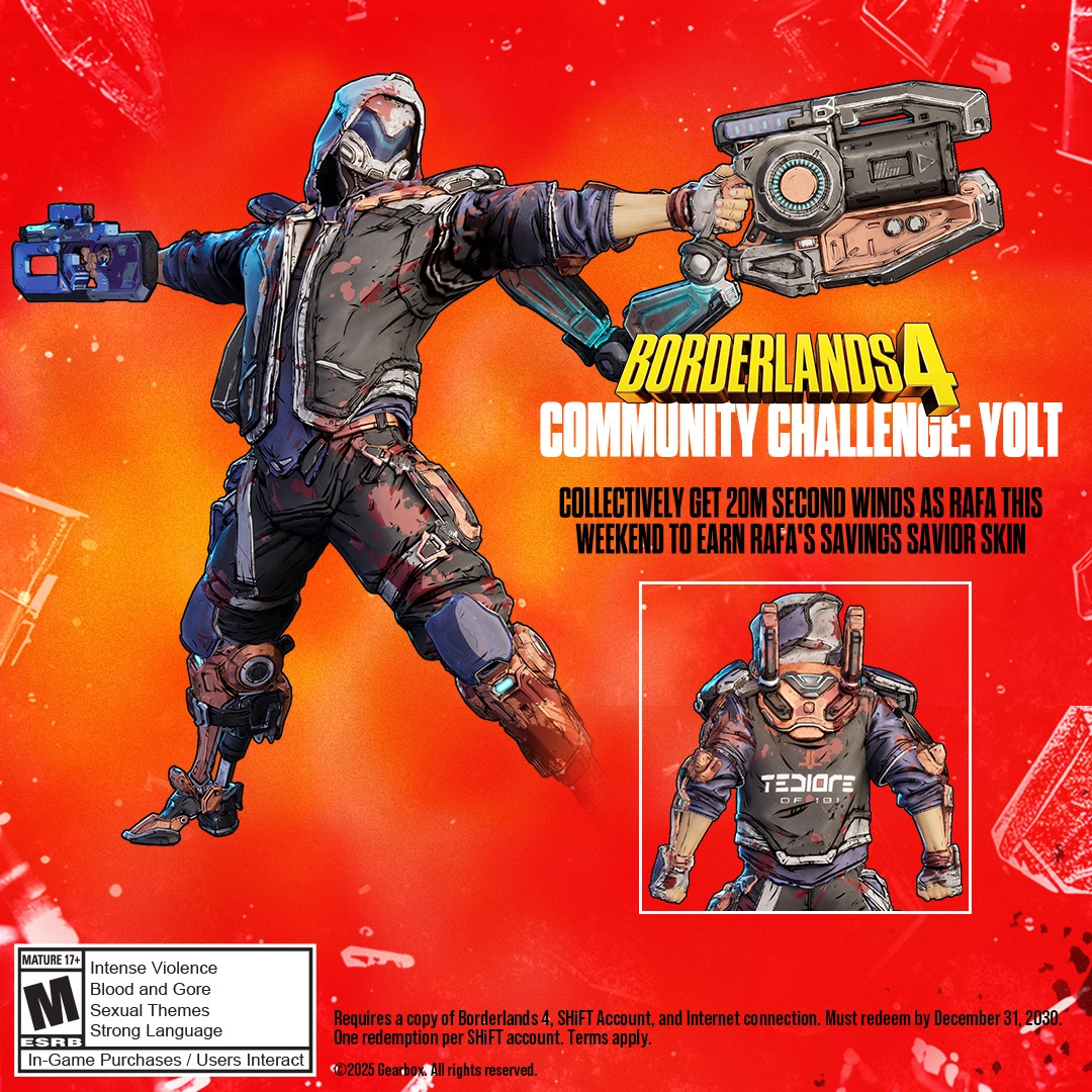 Harlowe the Gravitar in action, wielding a futuristic weapon, promoting Borderlands 4 Community Challenge