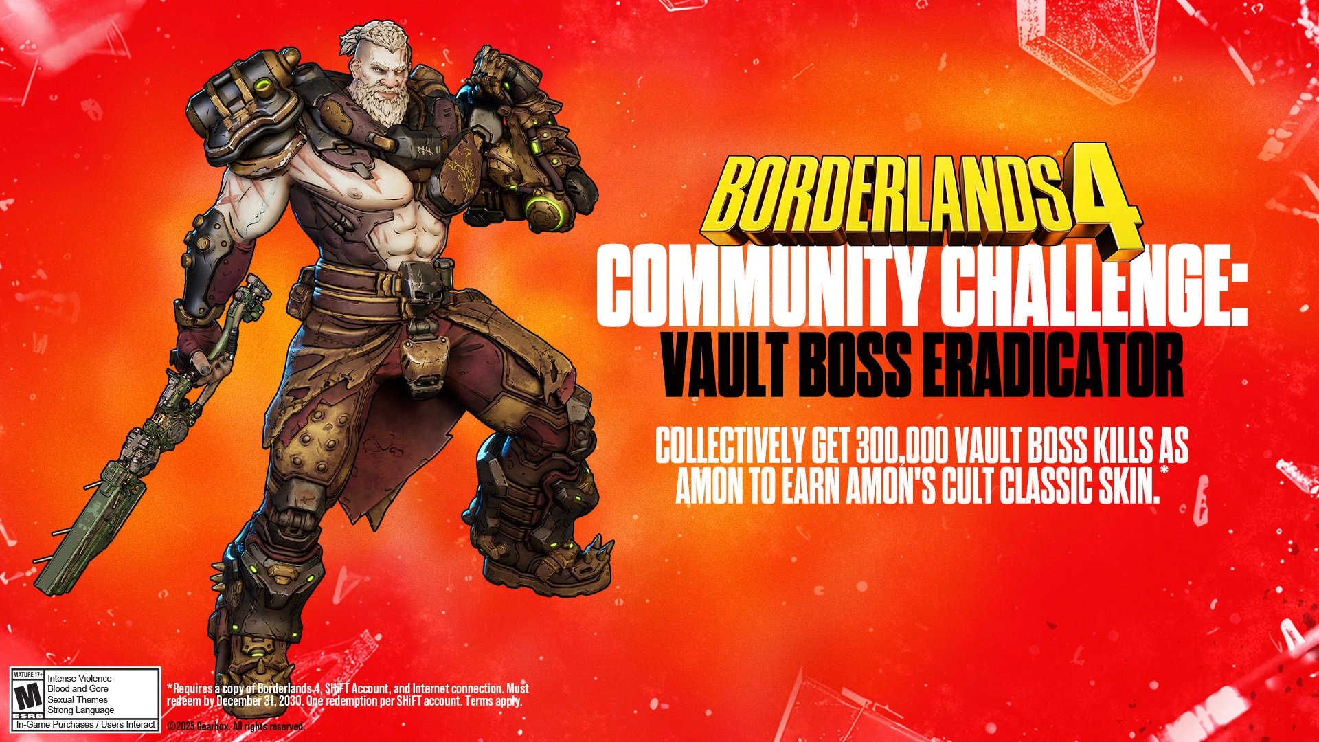 Harlowe the Gravitar in action with Cryo and Radiation effects, celebrating Borderlands 4 Community Challenge completion