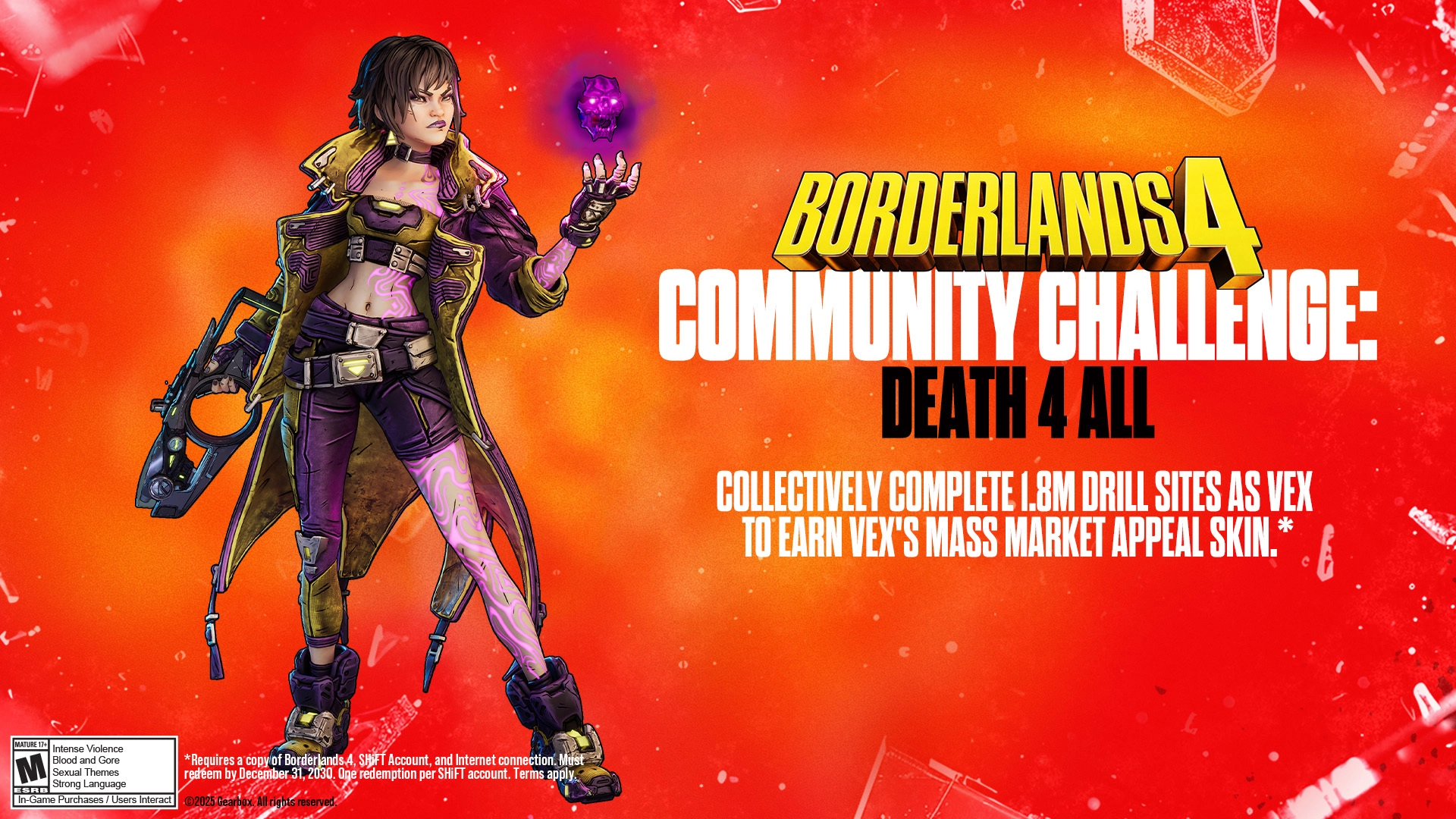 Harlowe the Gravitar holding a glowing orb, promoting Borderlands 4 Community Challenge completion