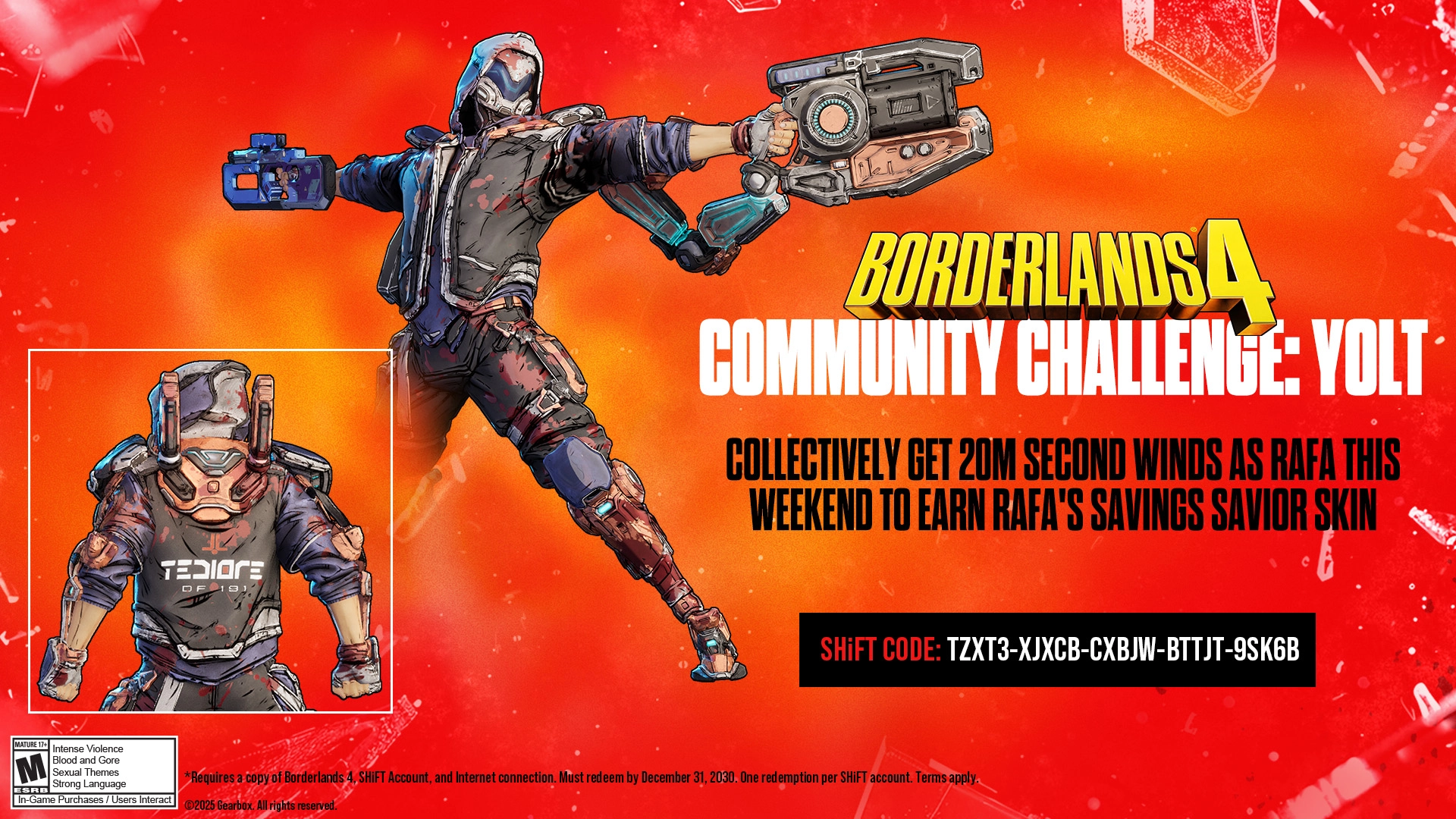 Rafa the Exo-Soldier in action, promoting Borderlands 4 Community Challenge with SHiFT code for new skin
