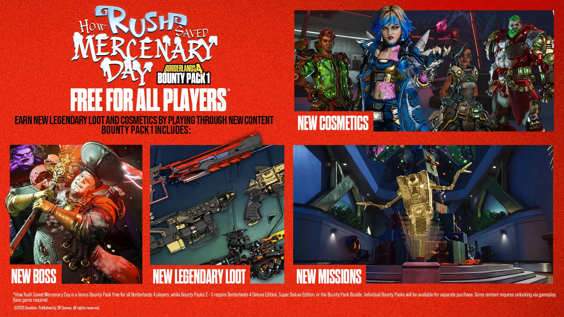 Borderlands 4 Bounty Pack 1 promotional image featuring new boss, cosmetics, loot, and missions