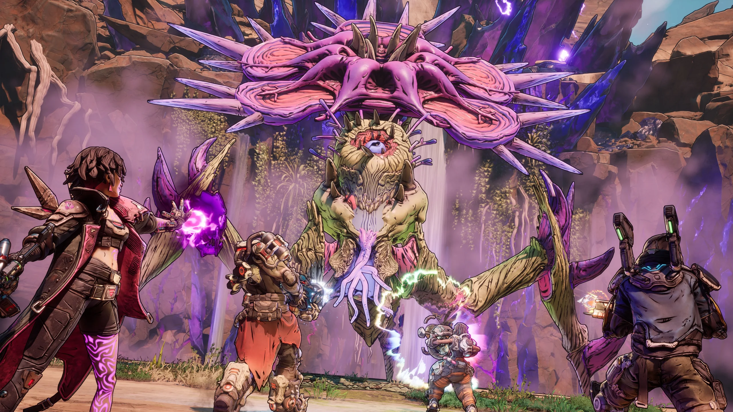Four characters battle a large, spiky creature in a vibrant, fantastical landscape in Borderlands 4