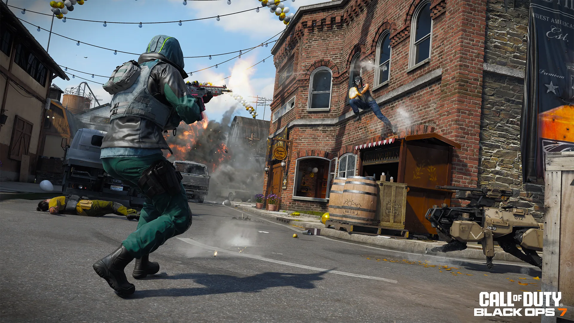 Alt text: "Action-packed scene from Call of Duty: Black Ops showcasing gameplay in urban environment, featuring explosions...