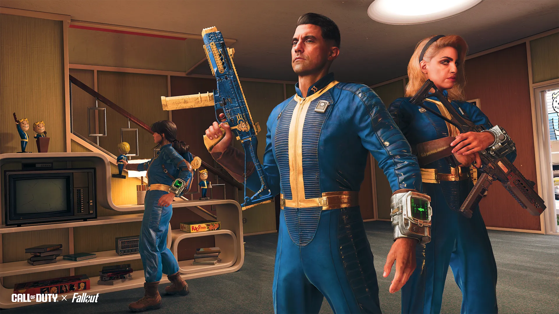 Action-packed scene from Call of Duty x Fallout, showcasing characters in Vault suits with weapons in a retro setting.