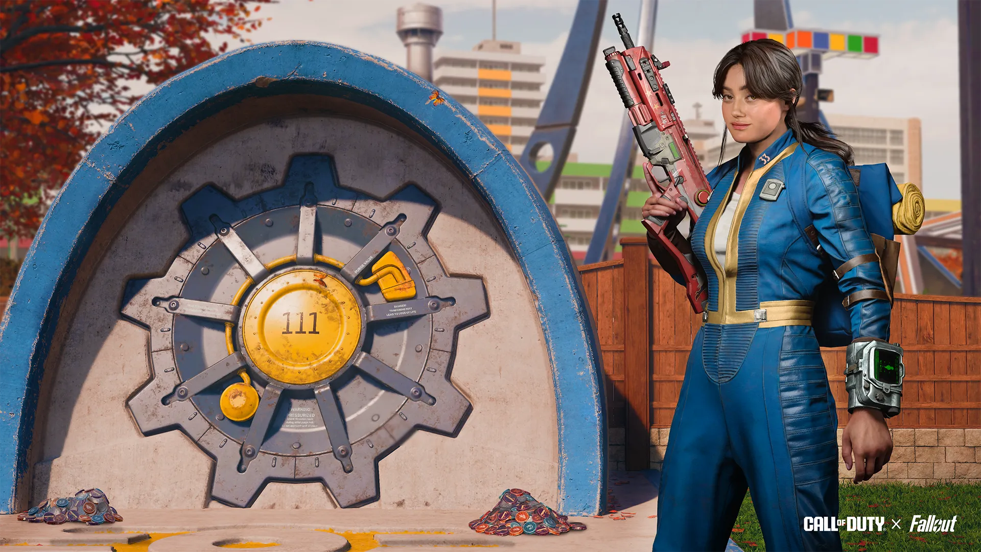 Vault Dweller with weapon beside a Fallout vault entrance in Call of Duty's Season 01 Reloaded update.