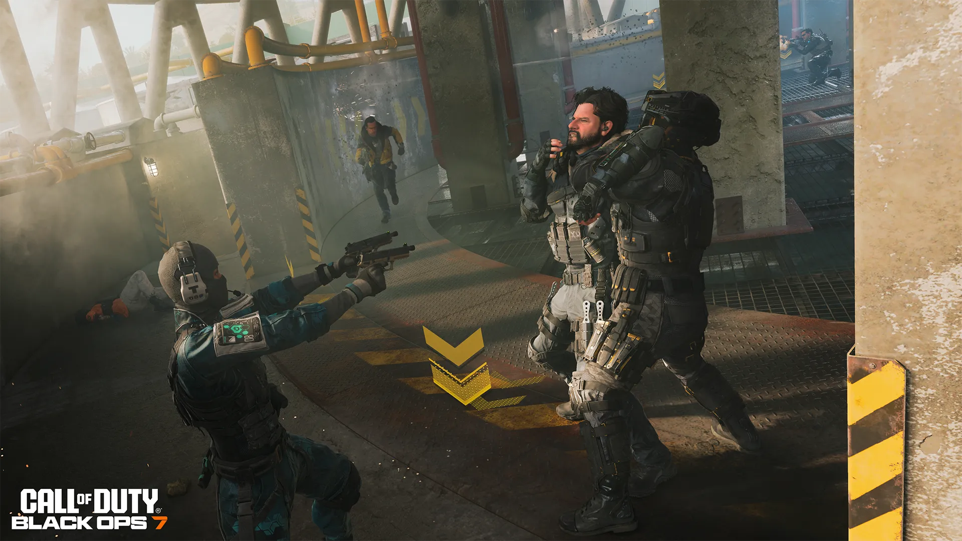 Intense action scene from Call of Duty: Black Ops 7 featuring combat in a futuristic environment.