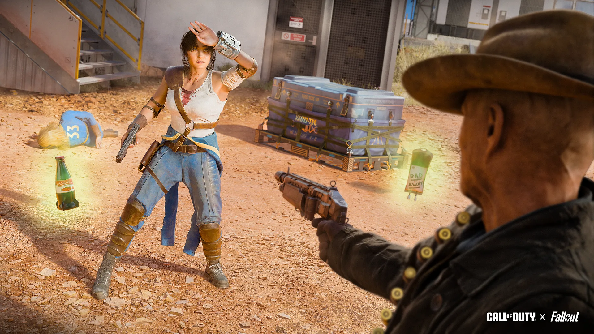 Action-packed scene featuring a character from Fallout in a standoff within Call of Duty: Warzone's Wasteland theme.
