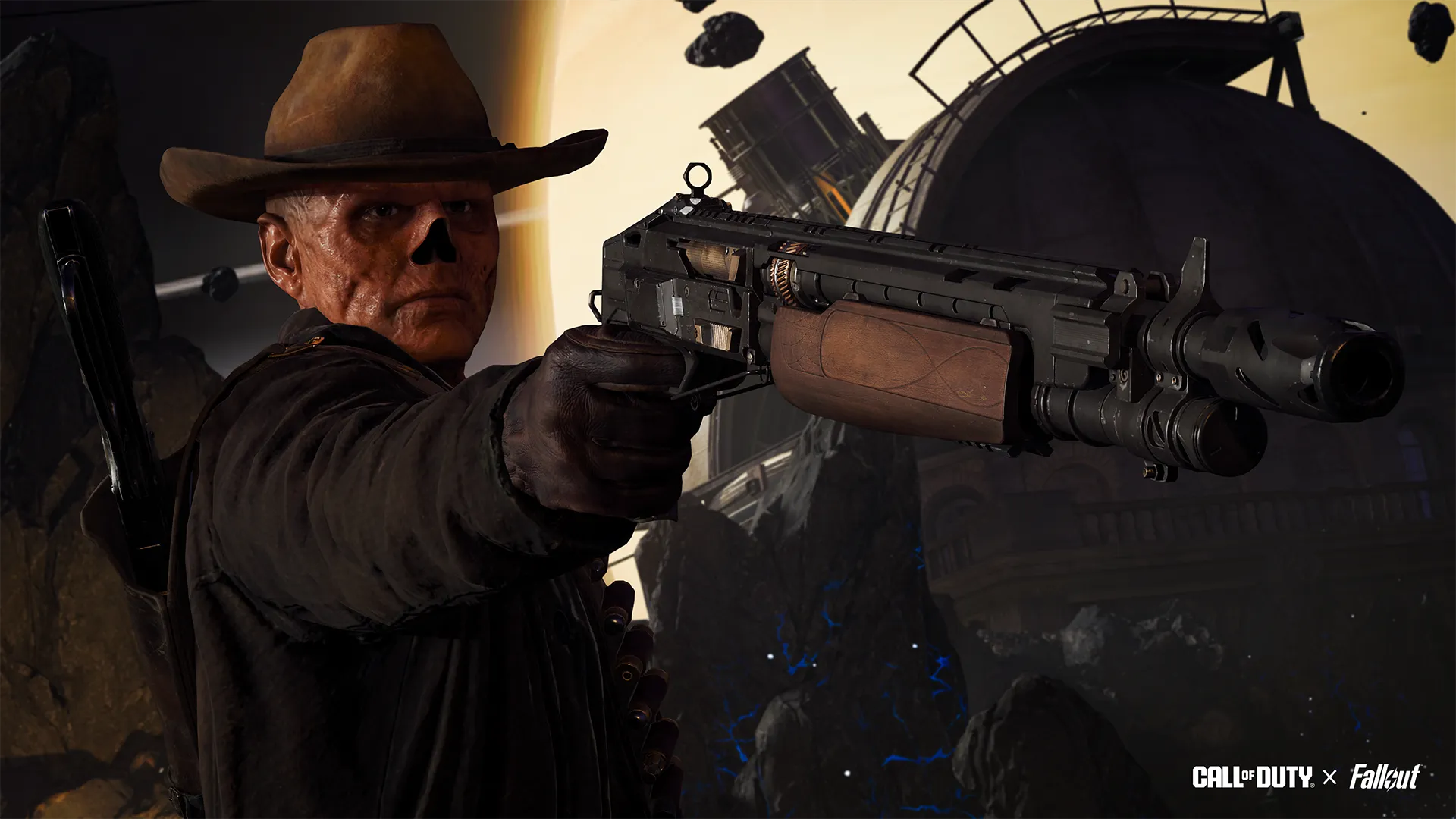 Call of Duty and Fallout collaboration teaser, featuring a character aiming a weapon in a Wasteland setting.
