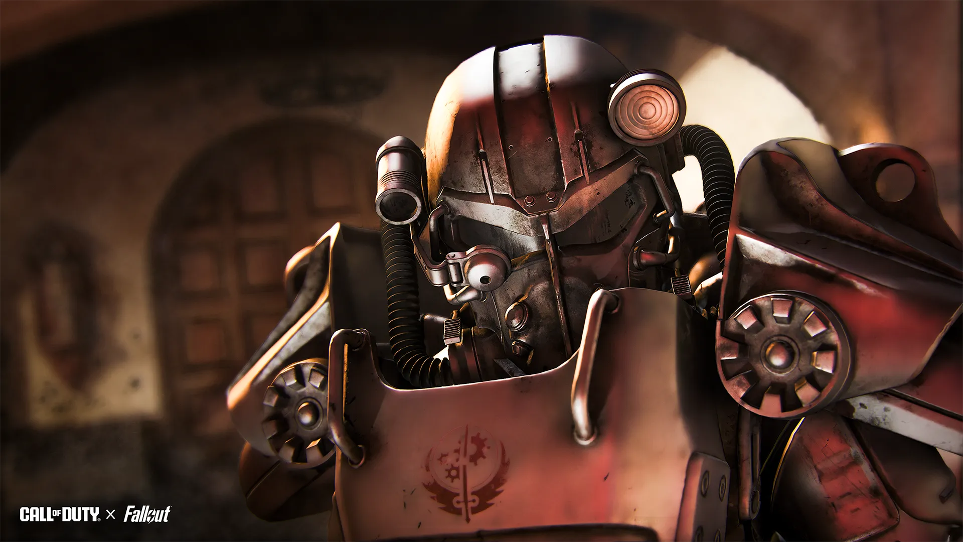Call of Duty x Fallout crossover showcasing a detailed Power Armor character in a dynamic Wasteland setting.