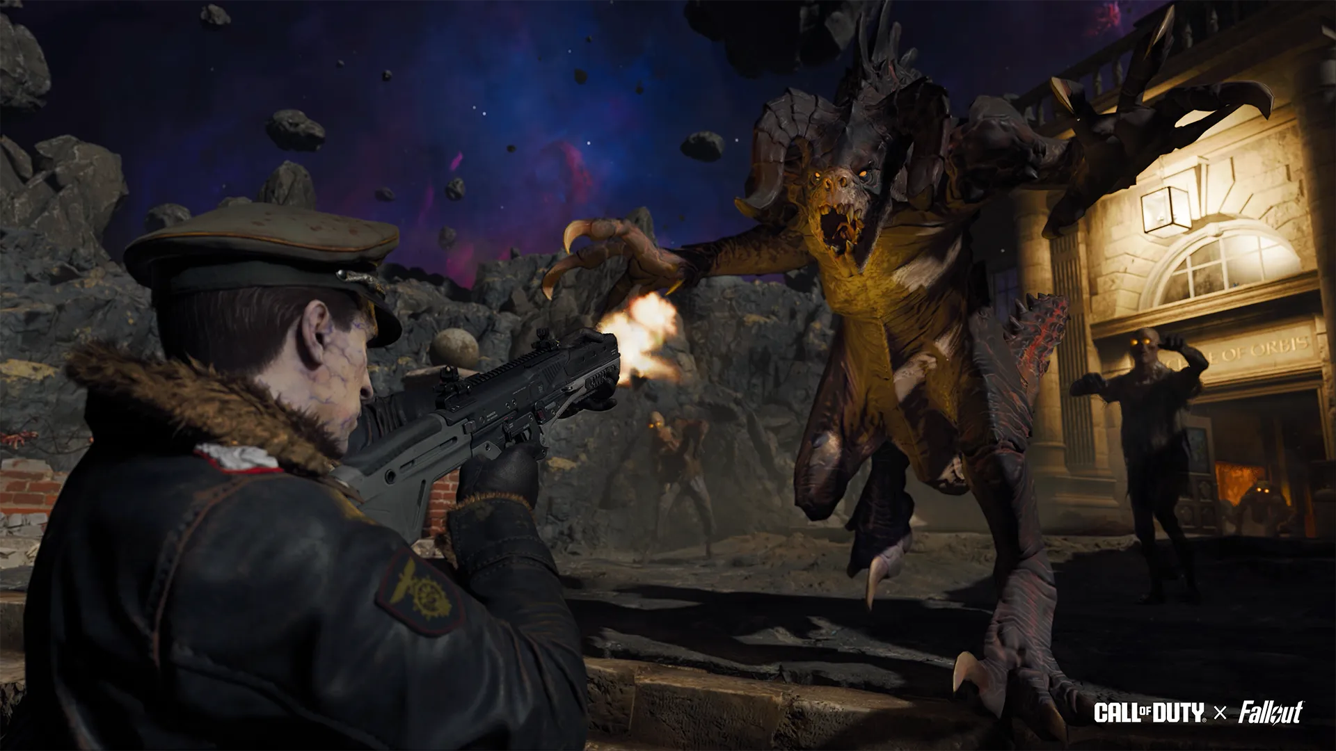 Gameplay scene from Call of Duty featuring a player battling a Deathclaw from Fallout in a cosmic backdrop.