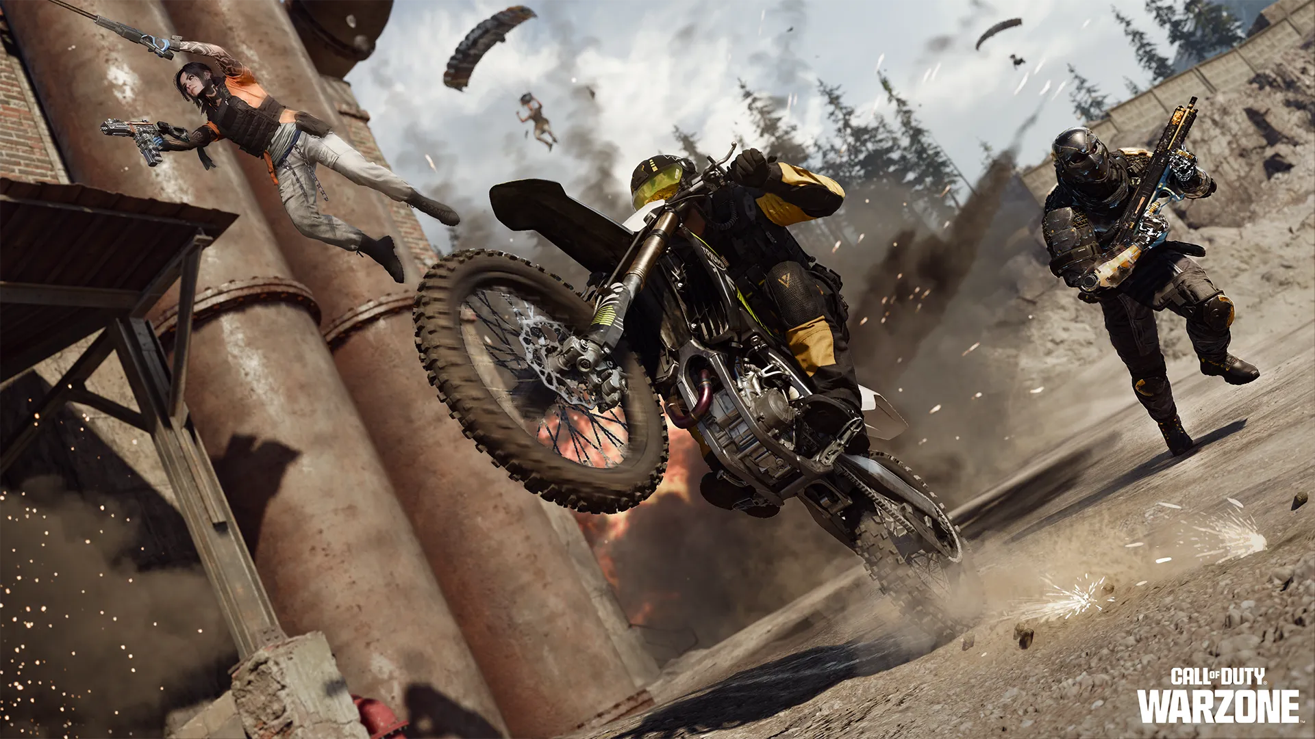 High-octane action scene from Call of Duty: Warzone, showcasing intense gameplay with motorcycle stunts and characters eng...