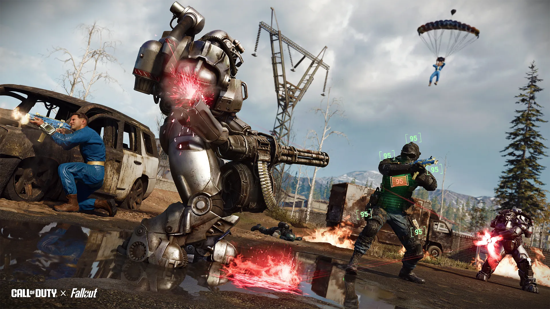 Gamers engage in a Call of Duty x Fallout battle featuring Power Armor and dynamic gameplay in a post-apocalyptic setting.