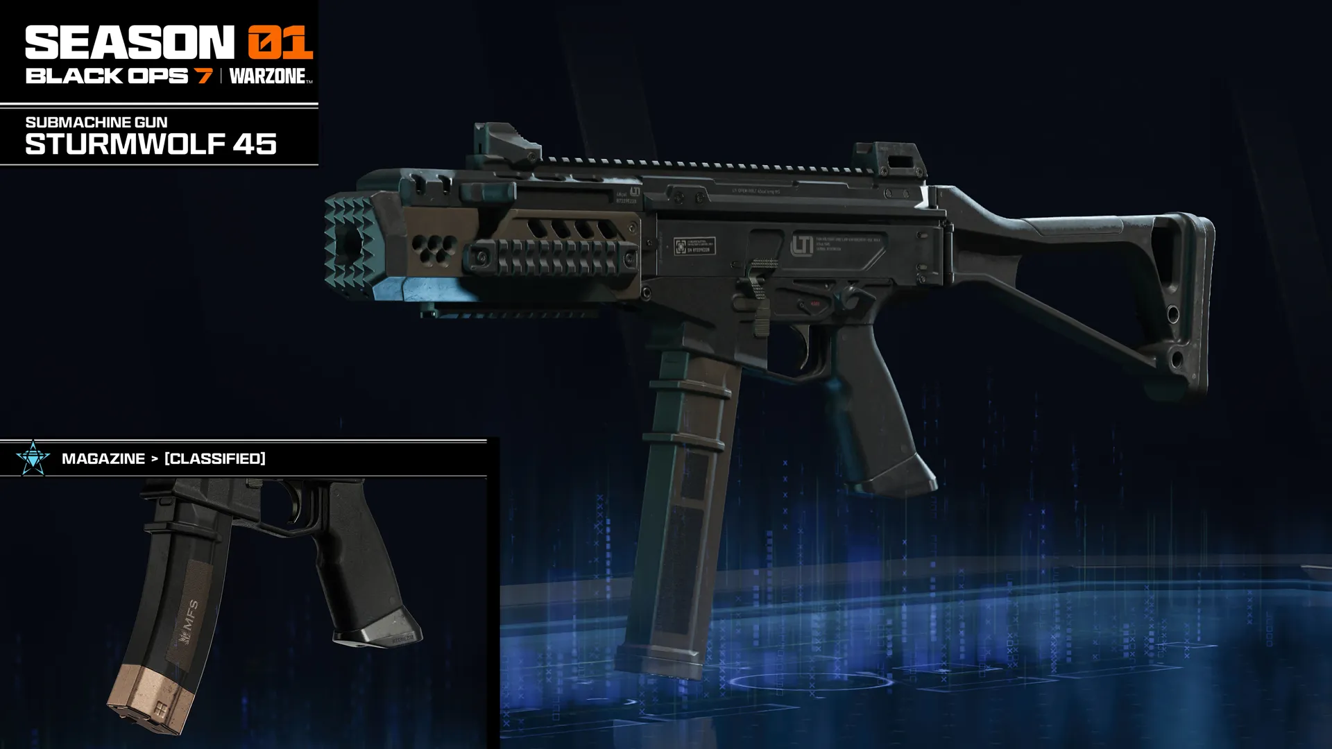 Sturmwolf 45 SMG showcased in Call of Duty Season 01 Reloaded, featuring sleek design and advanced gameplay details.