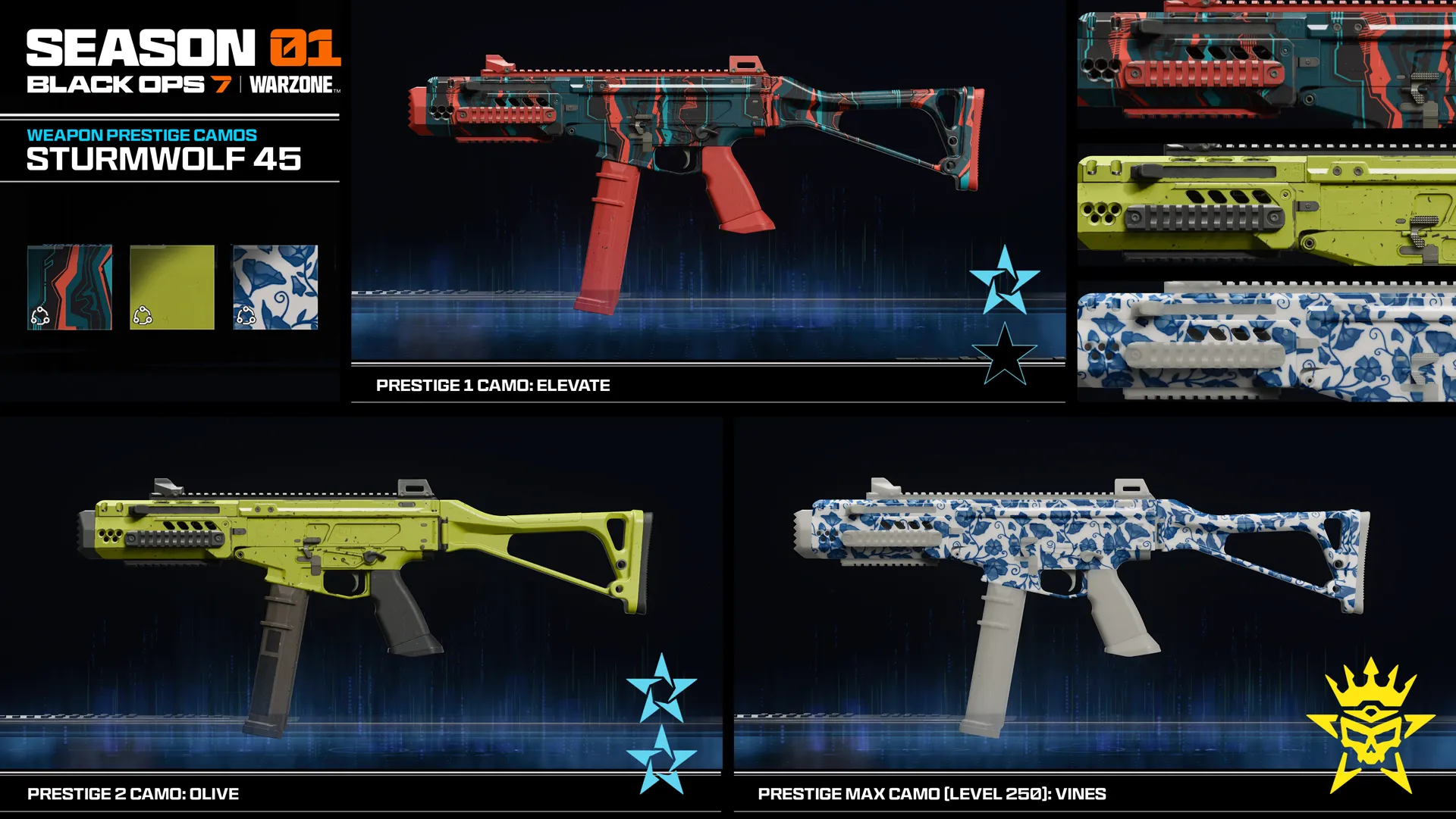 Showcase of weapon camos for Sturmwolf 45 in Call of Duty: Warzone Season 01 Reloaded, featuring unique designs.