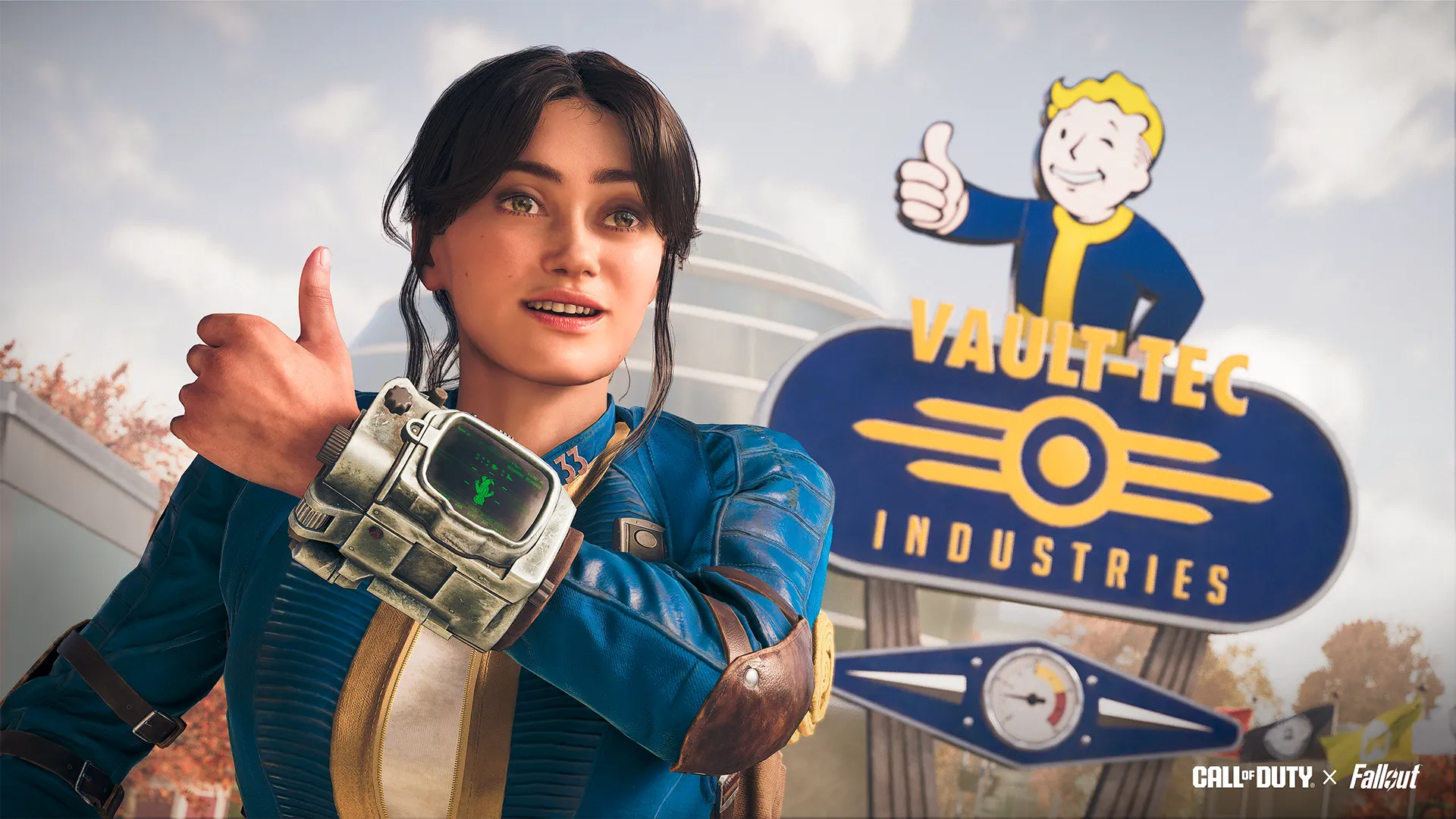 Exciting Fallout-themed content for Call of Duty: Warzone featuring a Vault Dweller at Vault-Tec Industries.