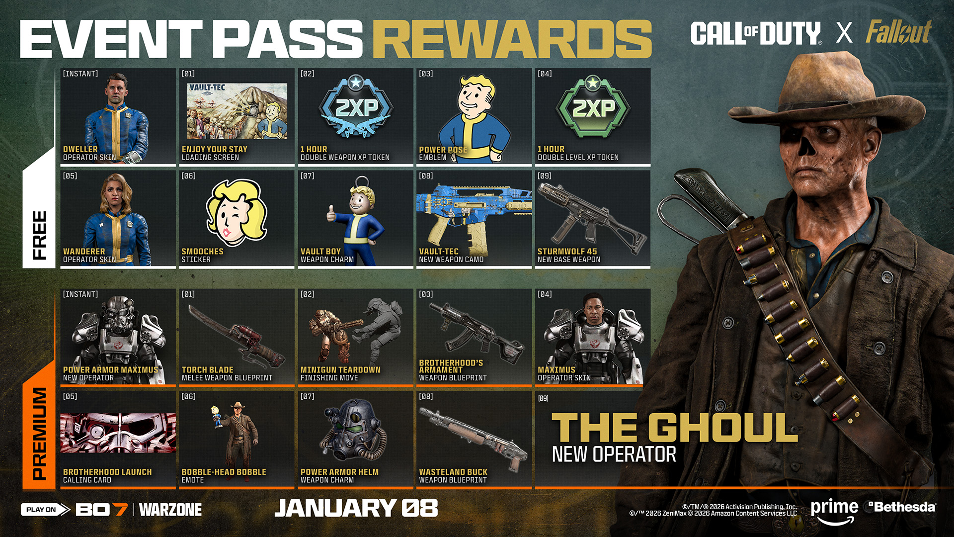 Season 01 Reloaded: Call of Duty x Fallout event pass rewards featuring exclusive operators, weapons, and in-game events.