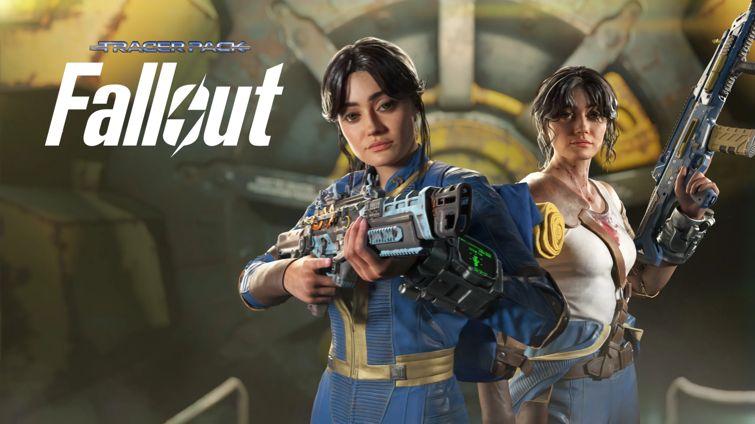 Two female characters in Vault suits wielding futuristic weapons, promoting the Fallout Tracer Pack for Call of Duty.