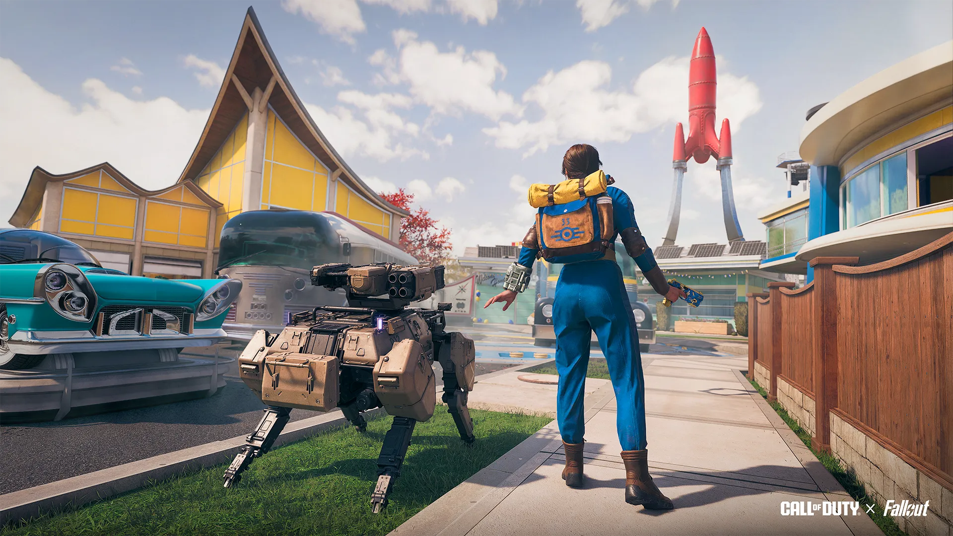 Call of Duty x Fallout: A Vault Dweller and robot explore a vibrant Wasteland-themed map with a rocket in the background.
