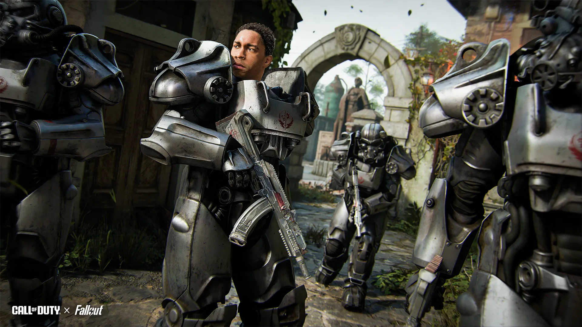 Call of Duty x Fallout: Players in Power Armor explore a post-apocalyptic landscape, featuring new updates and content.