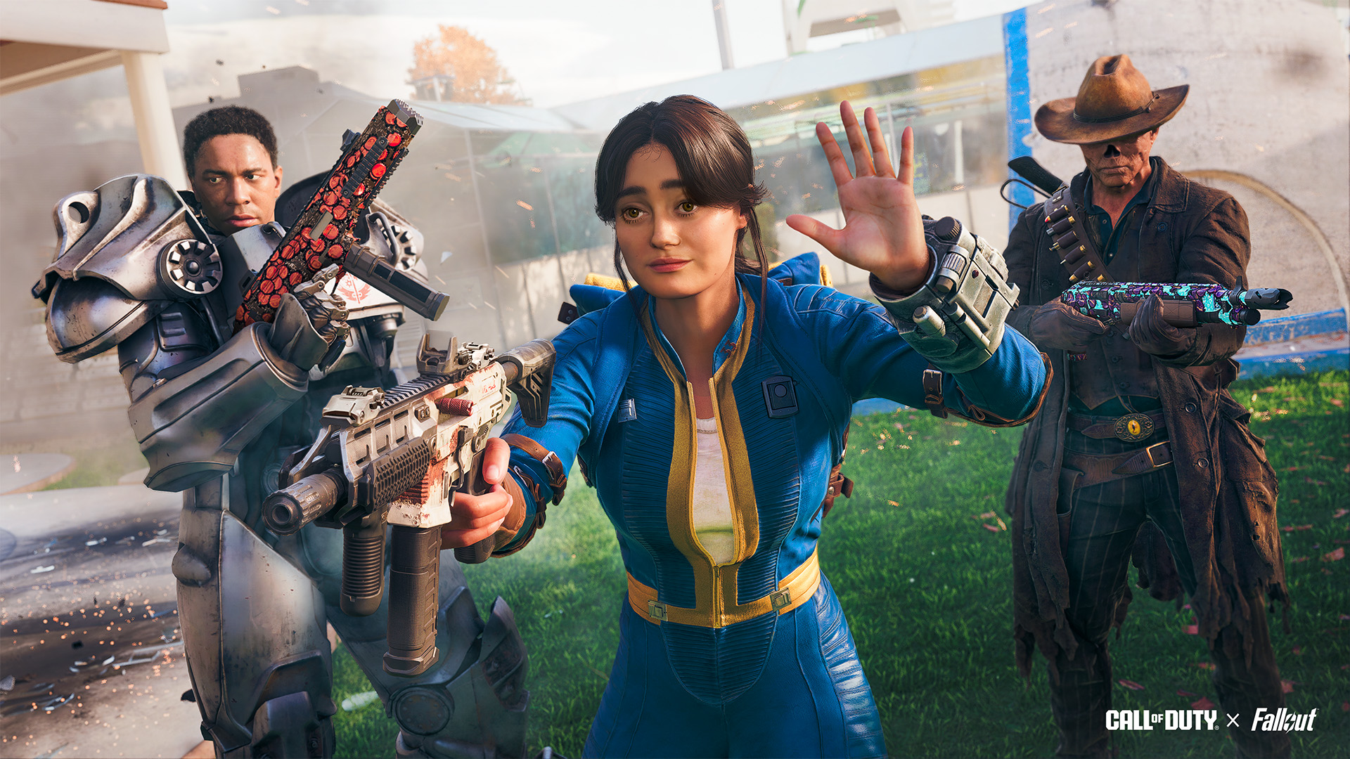 Action-packed scene from Call of Duty featuring characters with Fallout-themed weapons in a vibrant Wasteland setting.