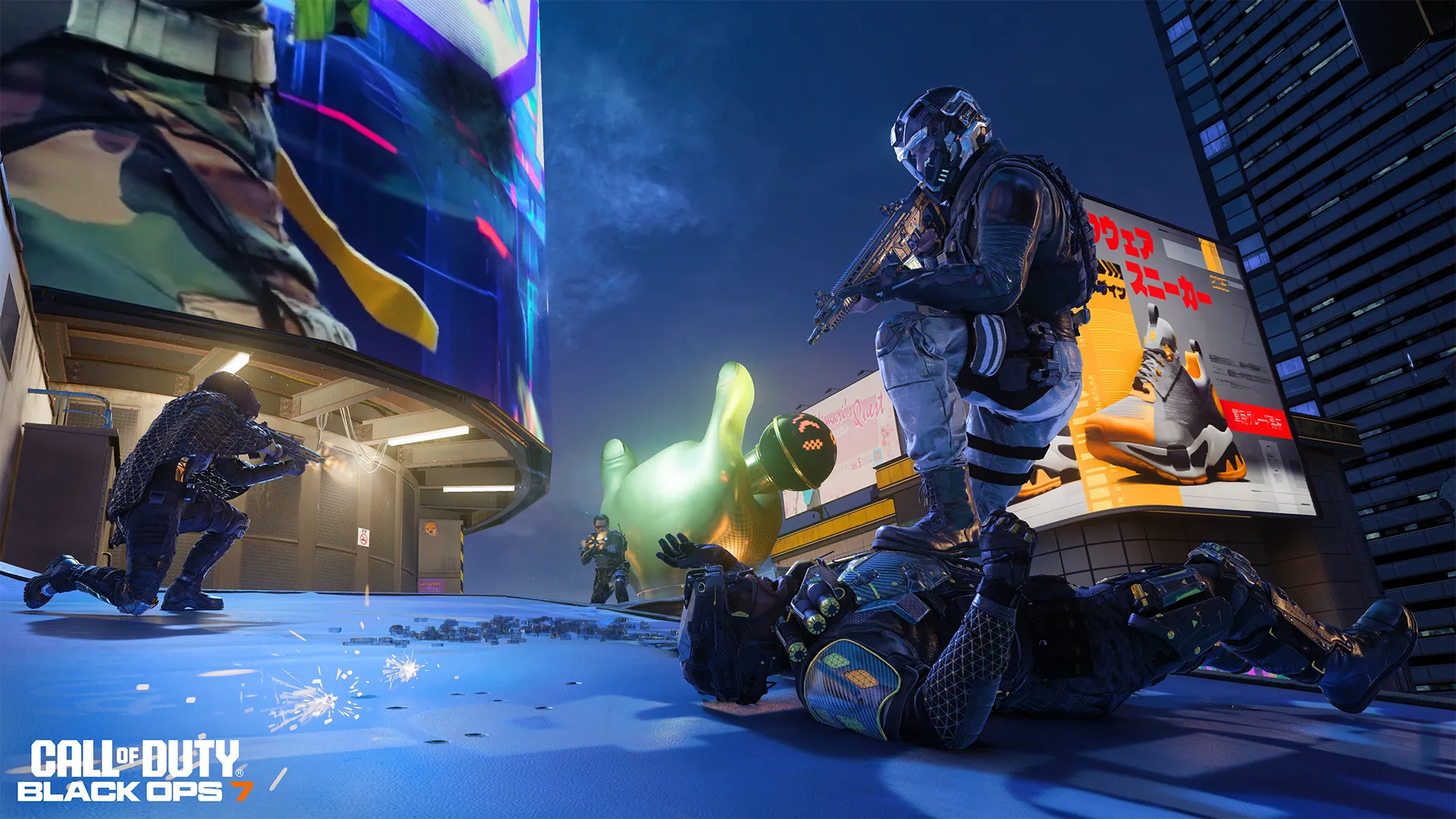 Intense battle scene in Call of Duty featuring players in tactical gear on a futuristic urban battlefield.