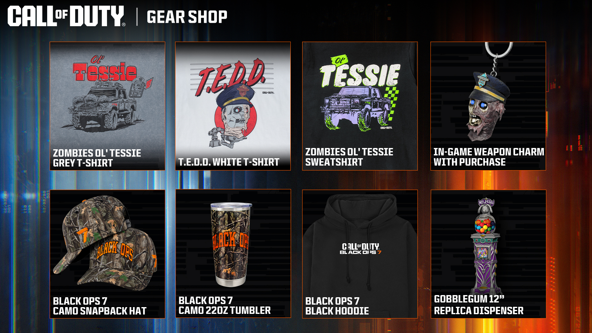 Call of Duty: Black Ops 7 merchandise lineup featuring apparel and collectibles for fans of the franchise.