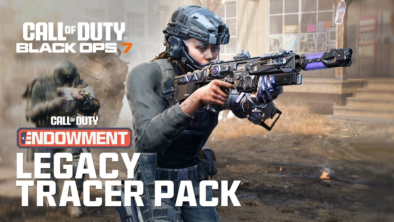 Call of Duty: Black Ops 7 showcases a soldier aiming with a high-tech weapon, highlighting the Legacy Tracer Pack features.