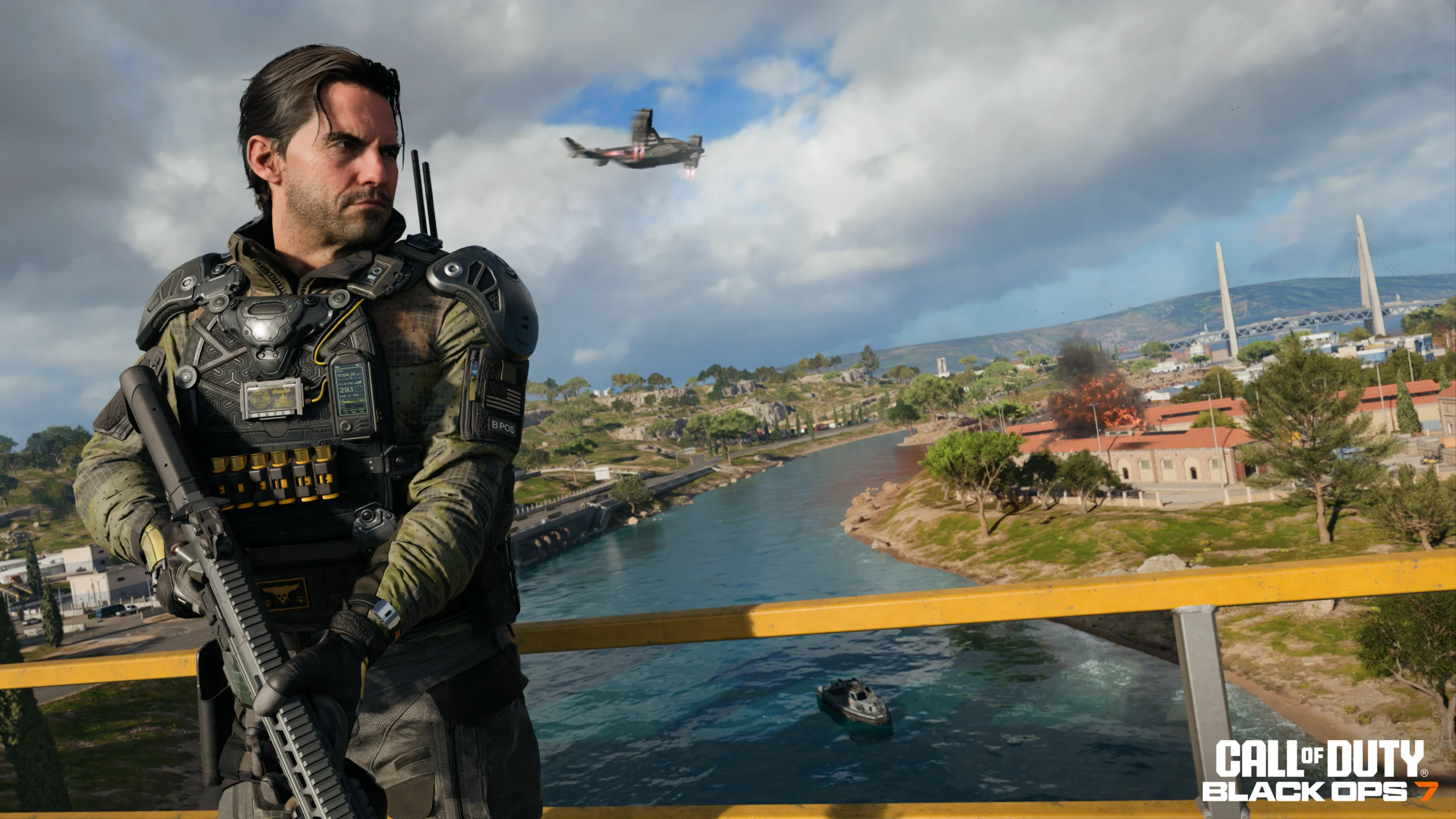 David Mason from Call of Duty®: Black Ops 7 stands ready for action in a vibrant landscape, with a helicopter overhead.