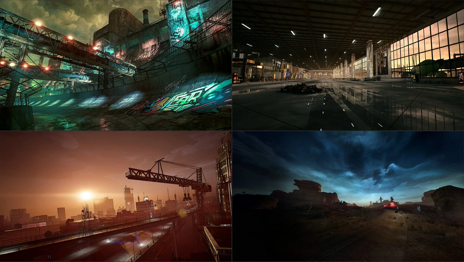 Dystopian landscapes from Carmageddon: Rogue Shift, showcasing survival, chaos, and racing in a post-apocalyptic world.