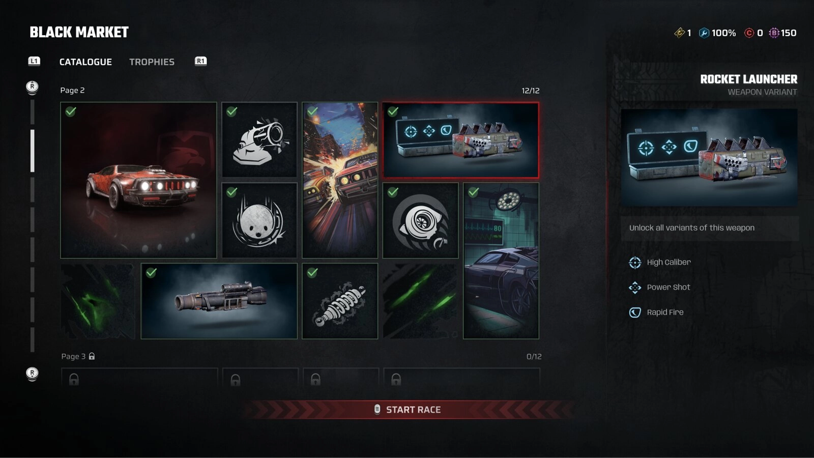 Black Market menu showcasing vehicle upgrades and weaponry for Carmageddon: Rogue Shift, set in a post-apocalyptic world.