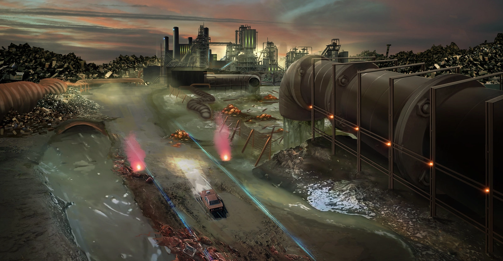 Post-apocalyptic scene of Carmageddon: Rogue Shift, showcasing a racer amid ruins, zombies, and industrial chaos in 2050.